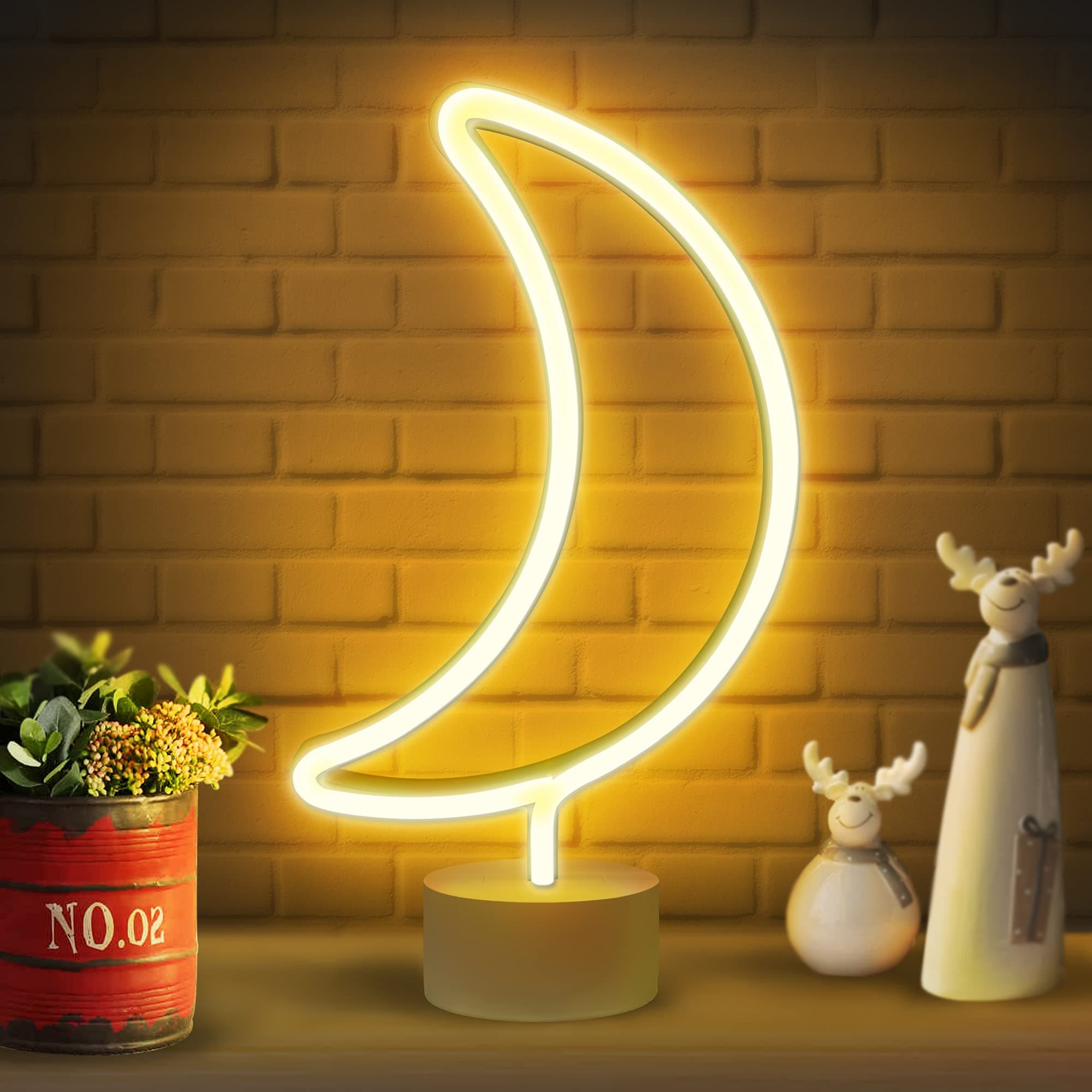 LumoonosityMoon Neon Sign - Moon Neon Light for Bedroom, Desk, Table Decorations - Battery/USB Powered Moon Shaped Light - Stand Alone Moon Led Signs - Warm White Moon Led Light - Cute Neon Lamp Sign