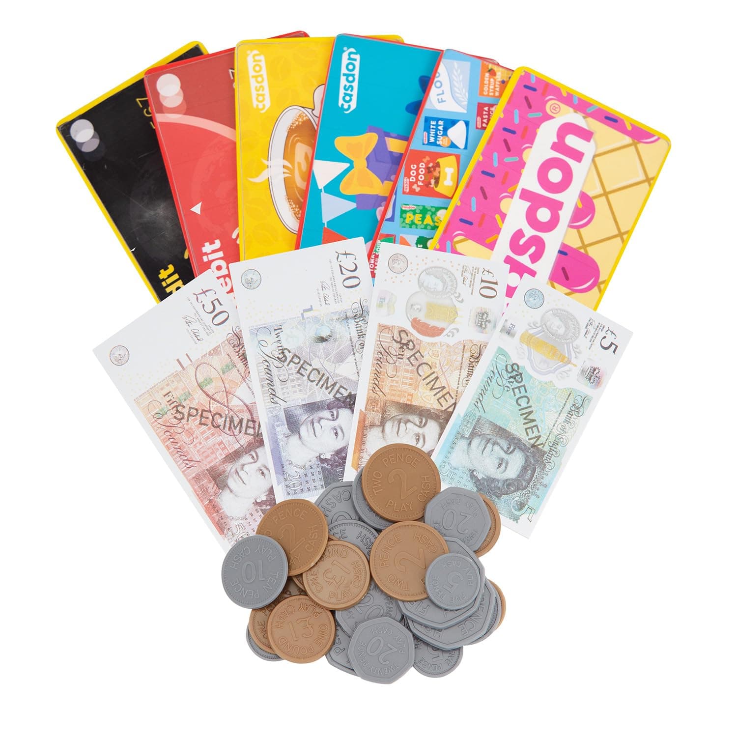 Casdon Play Money & Pretend Play Cards Set (£) | Complete Financial Toy Kit | Includes 80 Play Notes and 40 Coins | Perfect for Kids 3+!, Gbp