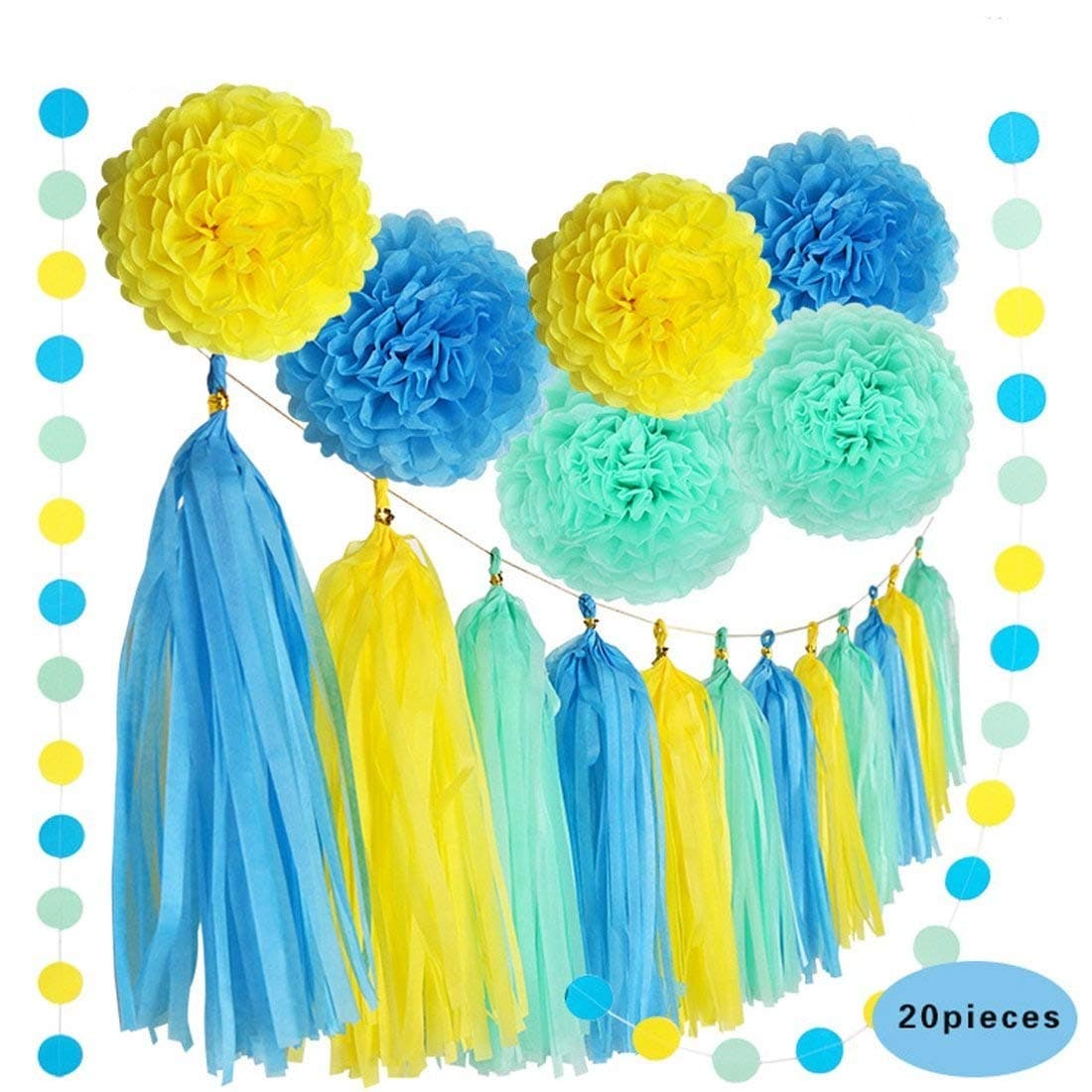 ZJCilected 20 Pcs Baby Shower Tissue Paper Pom Poms Flowers Tissue Tassel Garland Polka Dot Paper Garland Kit for Wedding Party Decorations (Mint Green+Blue+Yellow)