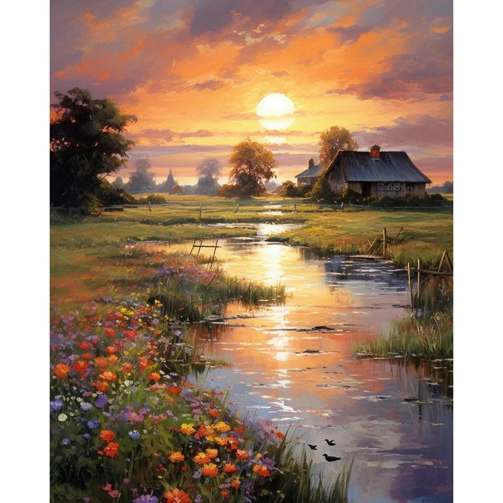 Fountor Paint by Numbers Kit for Adults Beginner, Countryside Sunset Adult Paint by Number Kits on Canvas Without Frame, Riverside Cabin Oil Paint by Numbers for Home Decor Gift 16” W x 20”L