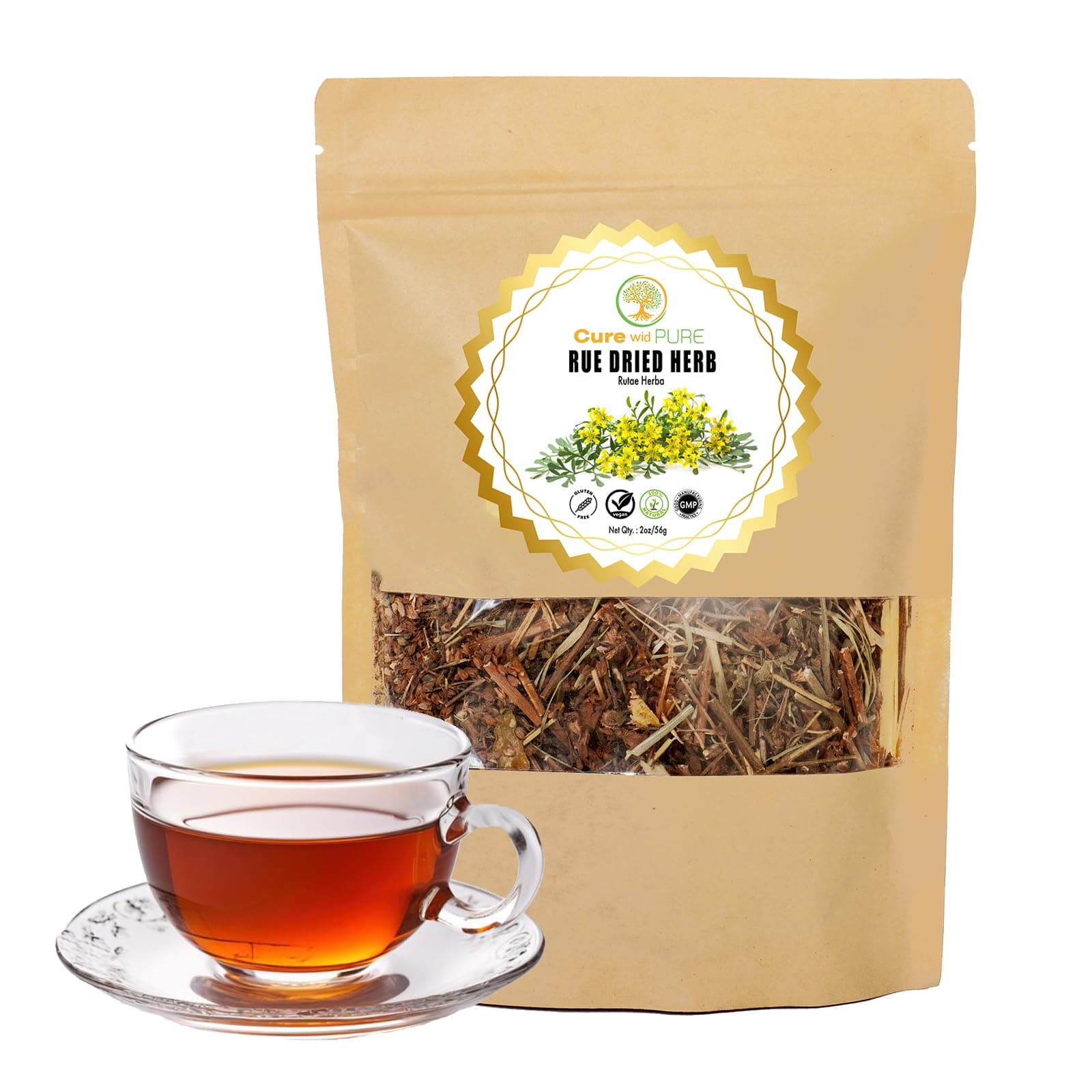 Cure wid Pure Dried Rue Herb - Ruda Planta Natural In Eco-Friendly Resealable Pouch - Rich Taste & Aromatic Dried Rue Plant Herbal Tea 2 oz/56 g