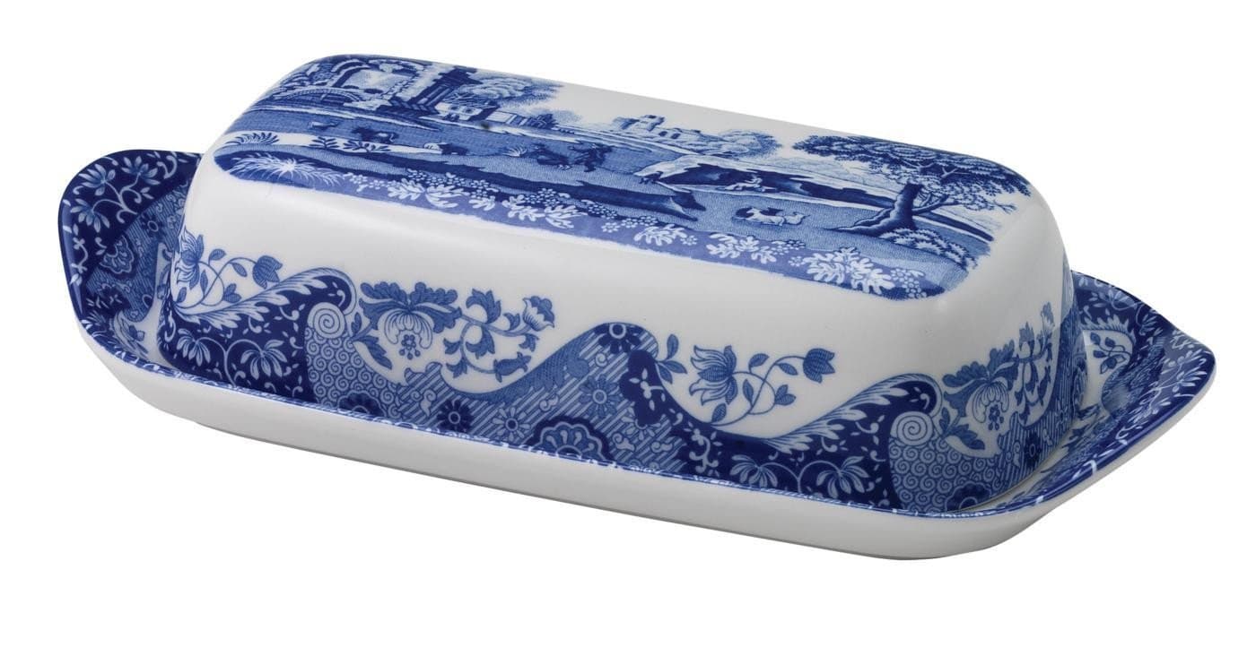 x Blue Italian Porcelain Butter Dish with Lid - Elegant Design Featuring Signature Blue and White Oriental border, Dishwasher Safe, Suitable for Kitchen Display and Everyday Use, Made in England