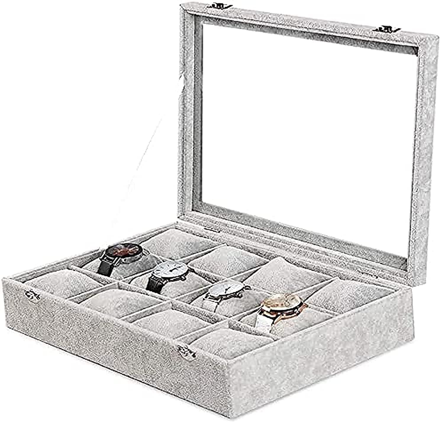 Padom Grey Velvet Watches Organizer 12 Grid Watch Holder Jewelry Storage Box Display Case for Men and Women