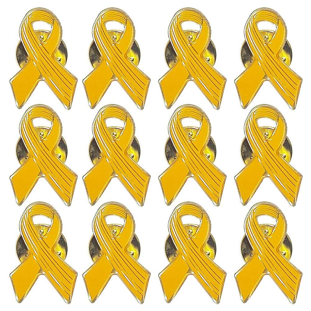 Closeoutservices Yellow Awareness Ribbon Lapel Pins, Cancer Awareness Hope Ribbon Pin - Enamel on Gold Tone Metal - Lot of 12.