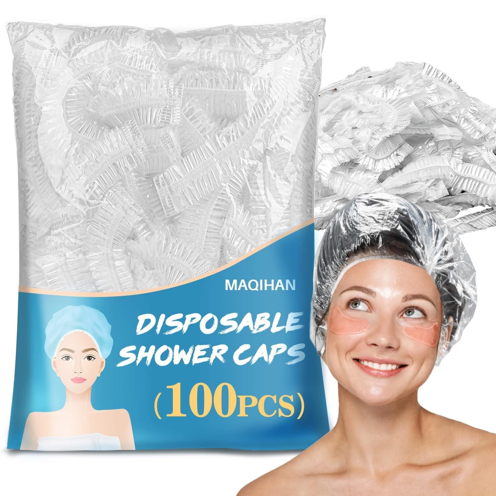 MAQIHAN 100 Disposable Shower Caps Large - Thickened Plastic Hair Caps for Deep Conditioning Shower Cap Reusable Waterproof for Women Men Hair Treatment Bath Cap for Long Hair Travel Essentials
