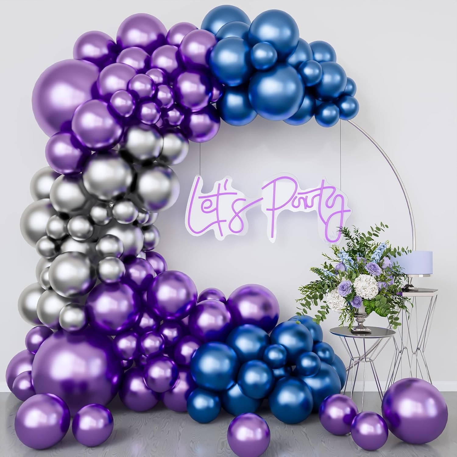 Flyloons 100 pcs Blue Silver Purple Metallic Chrome Balloons for Birthday Decoration items celebration Anniversary Girls Boys Men Women
