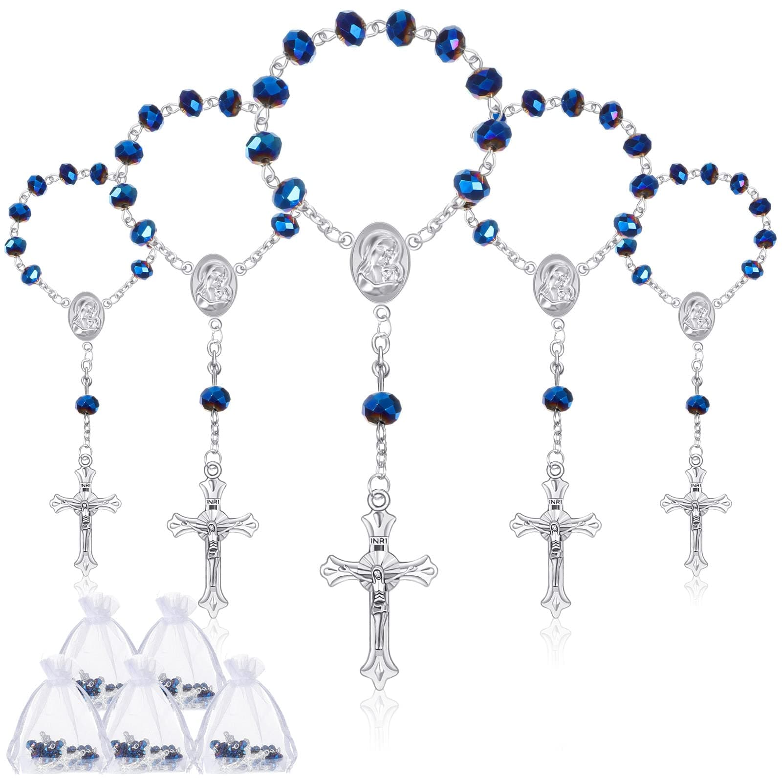 Yinkin 30 Pieces Baptism Rosary Catholic Mini Rosaries Baptism Favors for Guests Party Favors Rosary Beads 30 Pcs Organza Bags for Christening Weddings First Communion Gift(Blue)