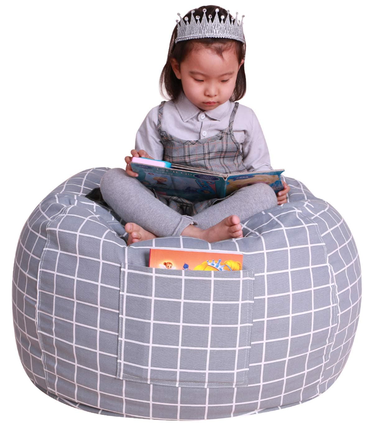 Great Eagle Stuffed Animal Storage Bean Bag Chair Cover|38" Extra Large Cotton Canvas | Bean Bag Chair for Kids, Toddlers and Teens(Boys or Girls)|Toy Storage Bag|Grey Checker