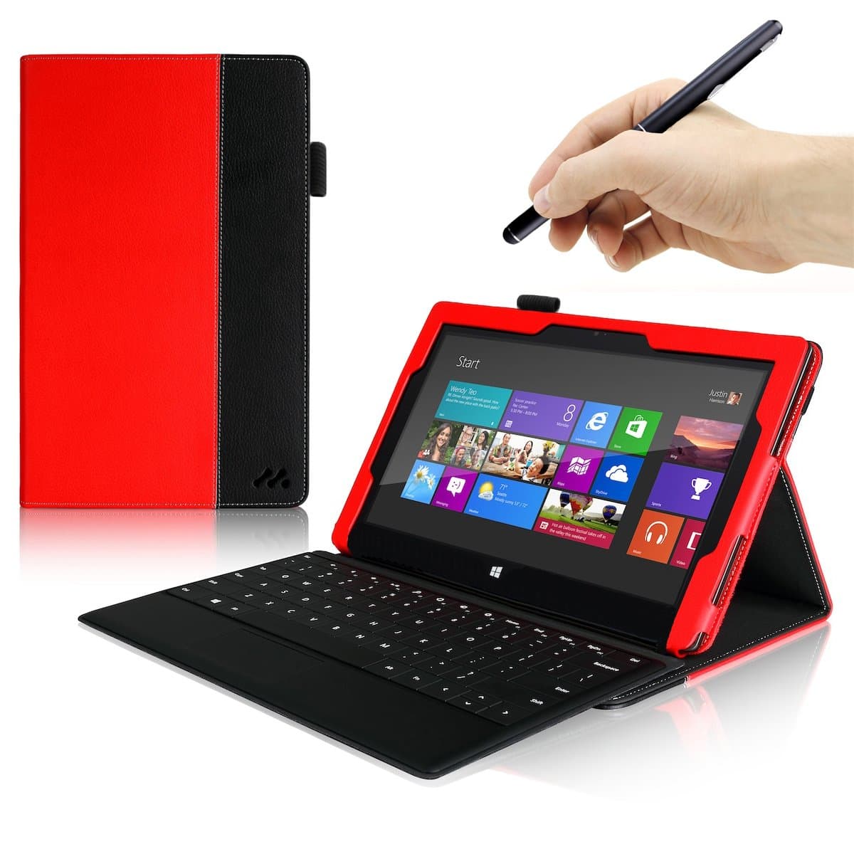 Manvex Leather Folio Case for the Microsoft Surface RT / Surface 2 Tablet (does NOT fit the Surface Pro) **Includes FREE Stylus** - Red/Black