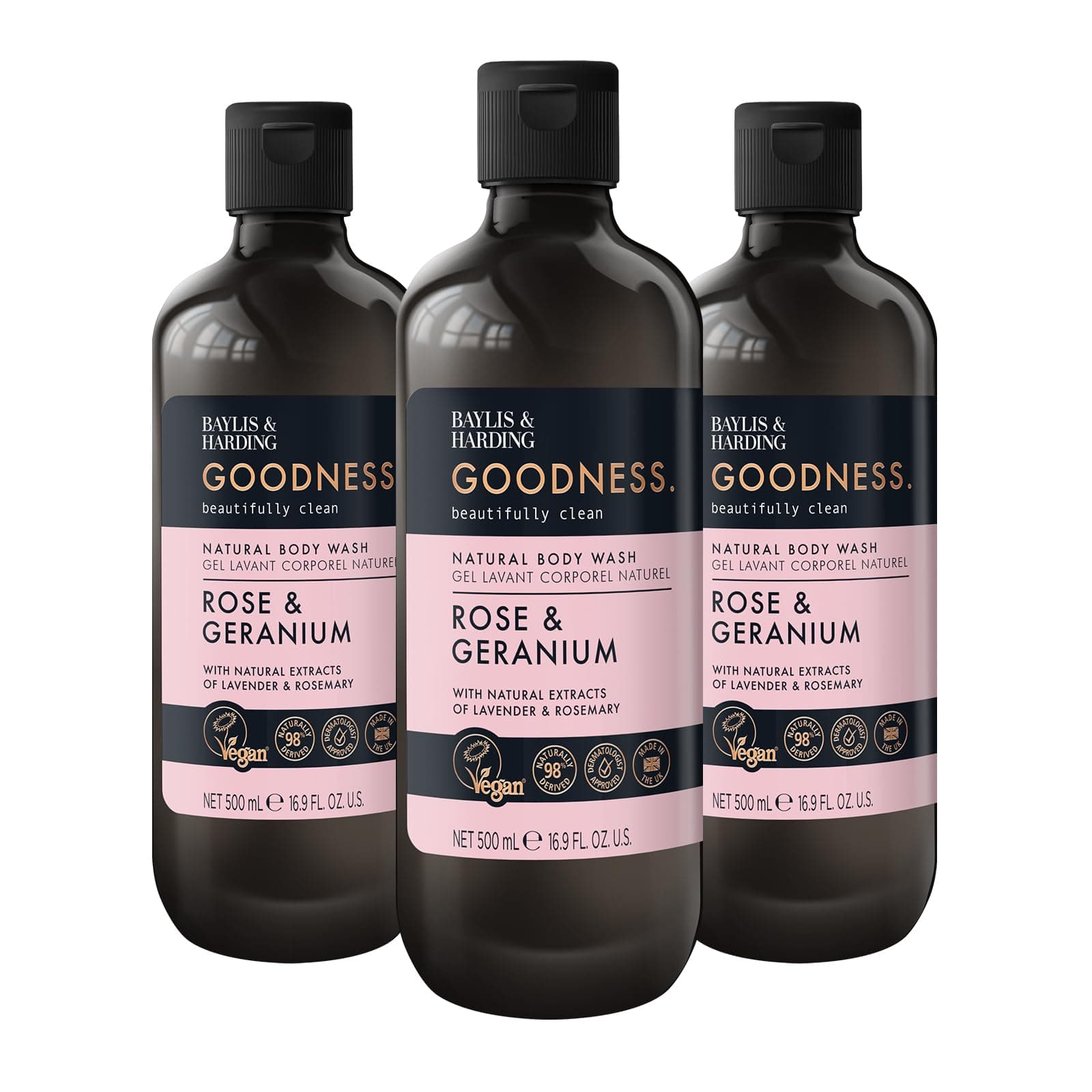 Goodness Rose & Geranium Natural Body Wash 500ml, Pack of 3 - Vegan Friendly