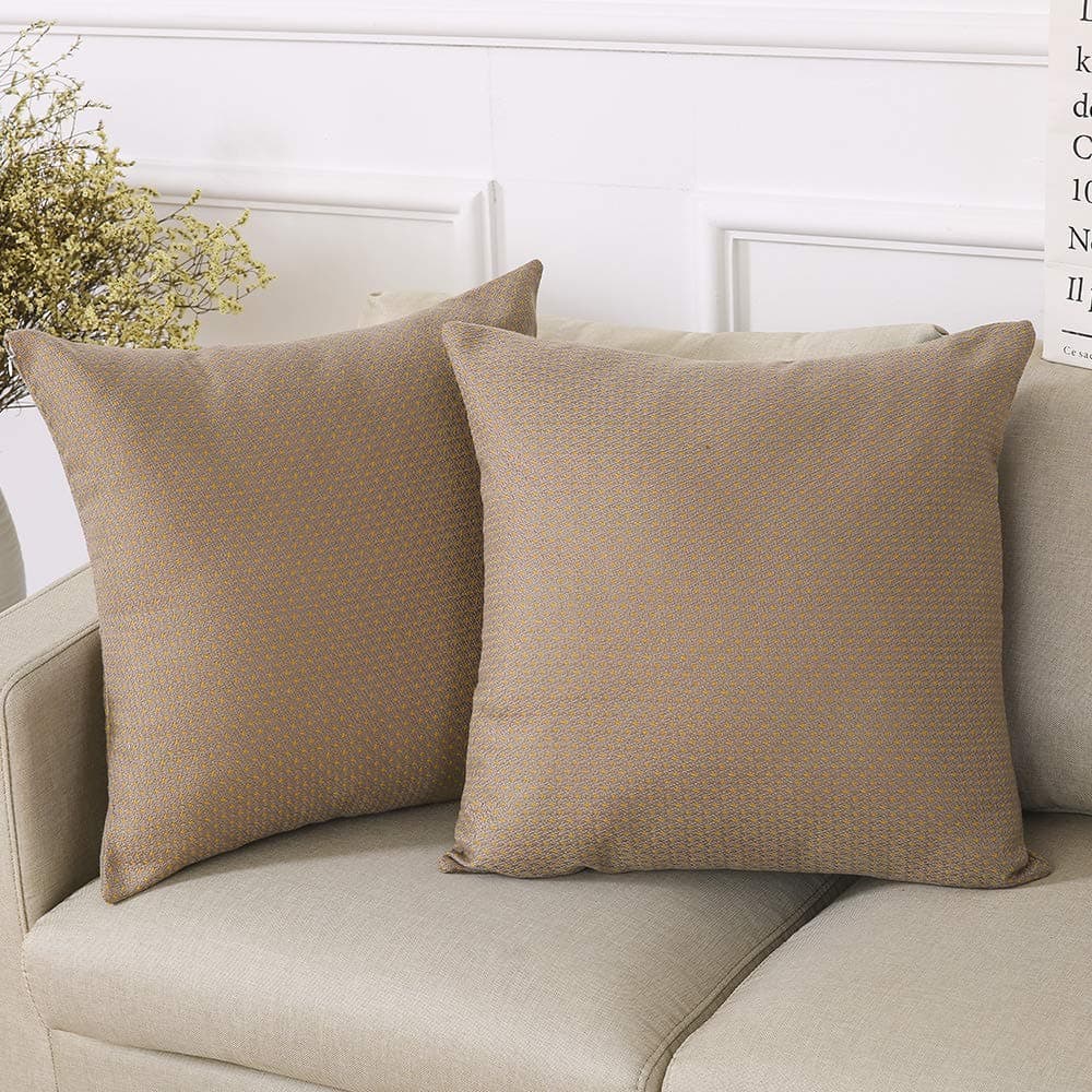 Madizz Pack of 2 Mid Century Modern Woven Linen Decorative Square Throw Pillow Covers Pack Cushion Cases Sofa Pillow Replacement 18x18 inch Mustard Yellow and Tan
