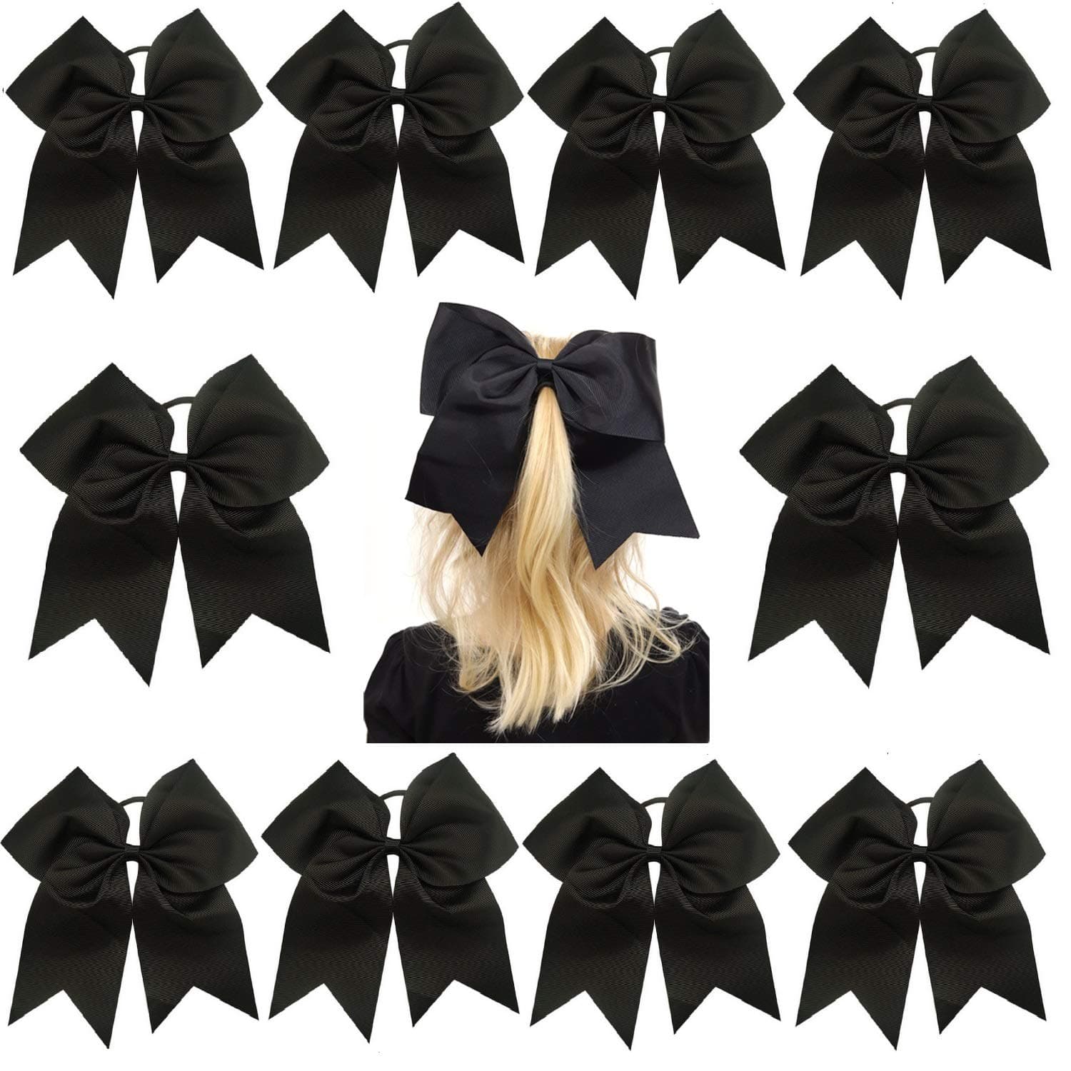 Kenz Laurenz 7" Jumbo Cheer Bow Big Hair Bows with Ponytail Holder Large Classic Accessories for Teens Women Girls Softball Cheerleader Sports Elastics Ties Handmade (10 pack Black)