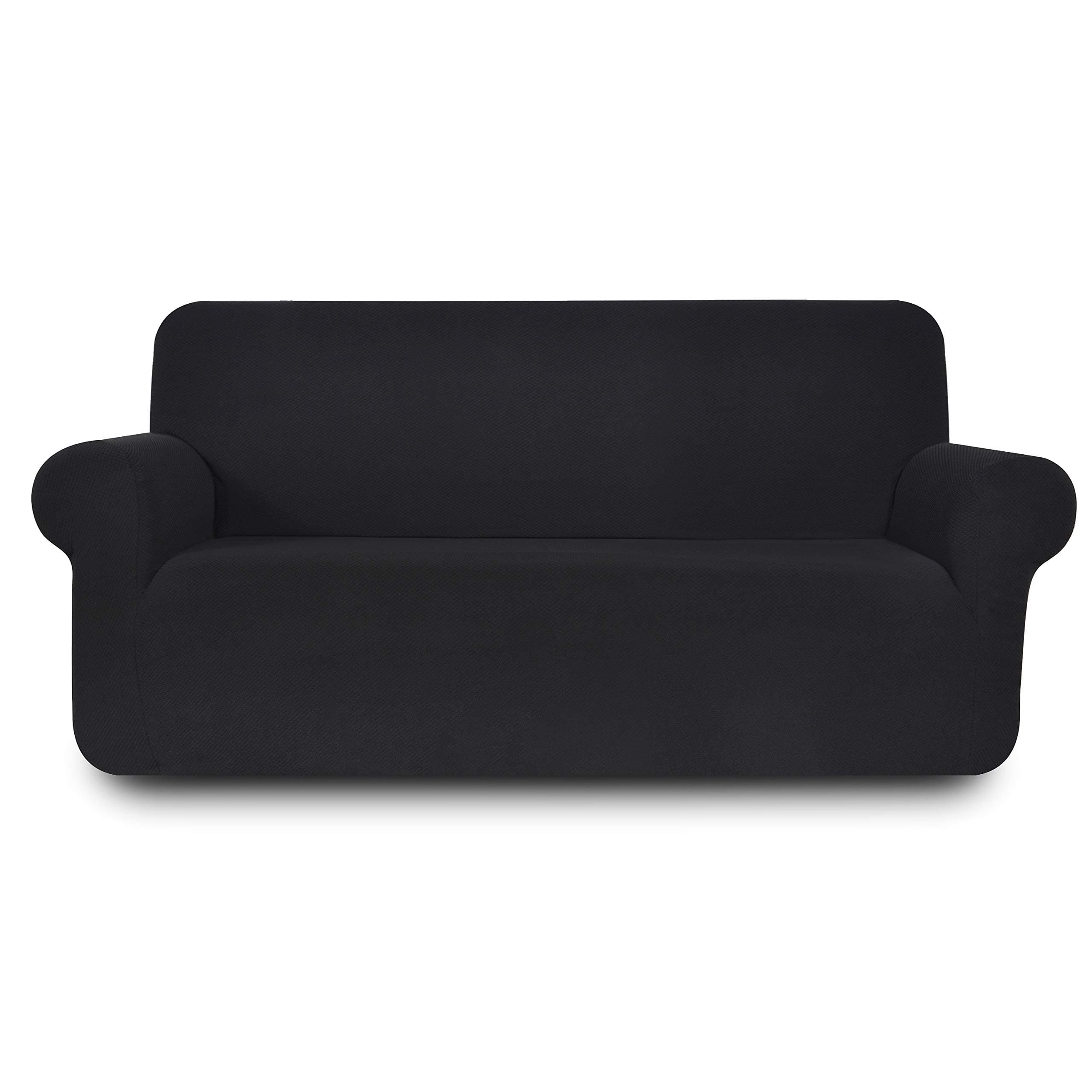 Sofa Cover Pixel Stretch Spandex Fabric 1-Piece Anti Slip Anti Wrinkle Ultra Soft And Durable Knitted Slipcover For Living Room Fitted Slip Resistant Couch Furniture Protector (Loveseat, Black)