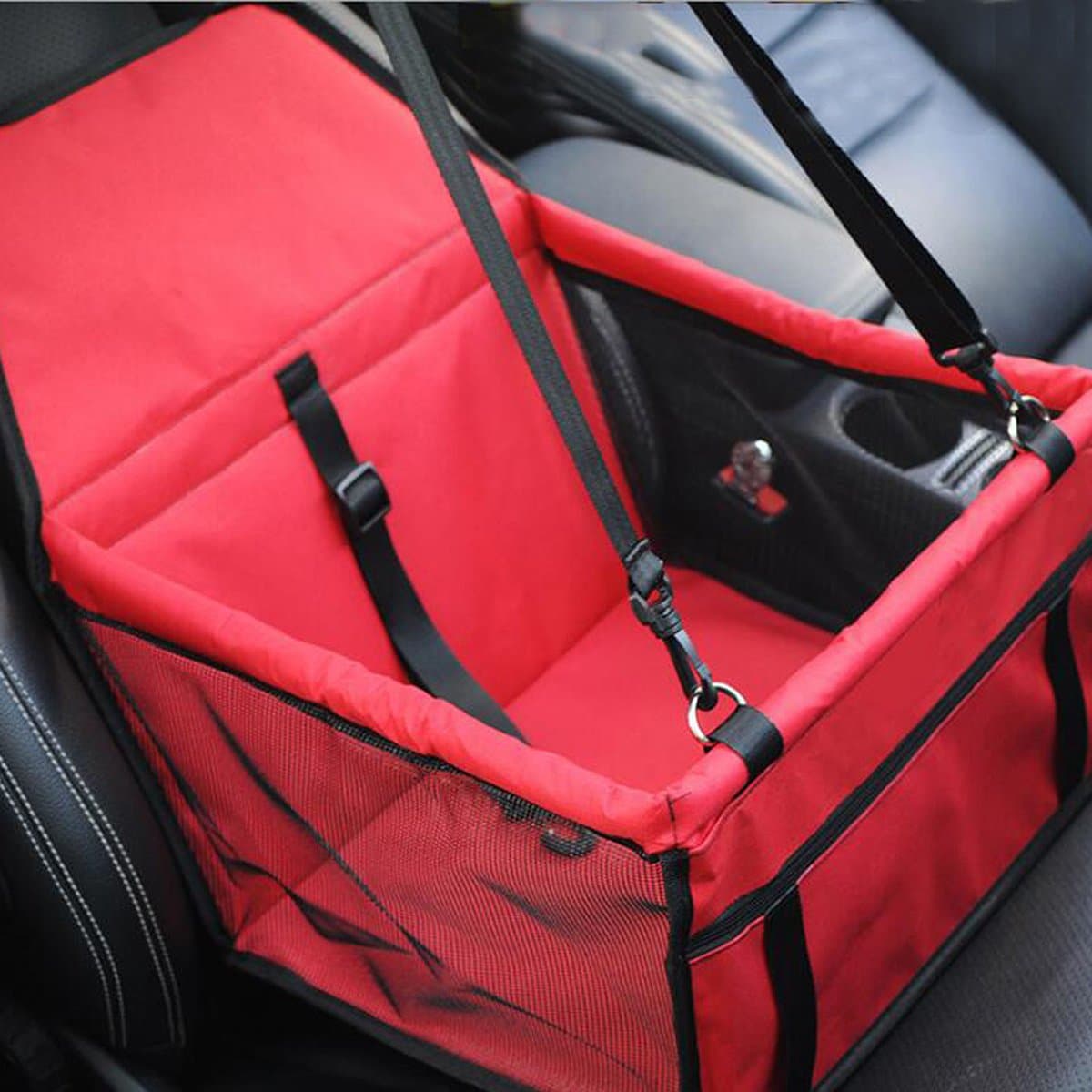 Folding Pet Car Seat Carrier Bag Gog Booster Travel Waterproof Breathable Car Basket with Safety Belt Cover For Small Pet (Red)
