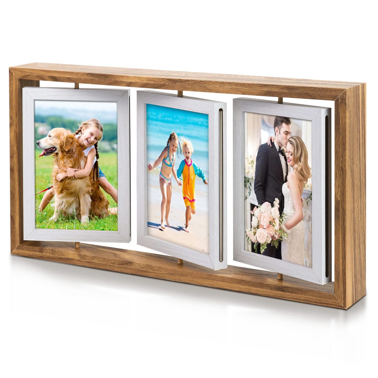 ZEEYUAN 4x6 Rotating Picture Frame Desktop Rustic 4x6in Wooden Photo Frames, Double Side-Display 6 Photos, Floating 4x6 Collage Family PictureFrame for Tabletop Display