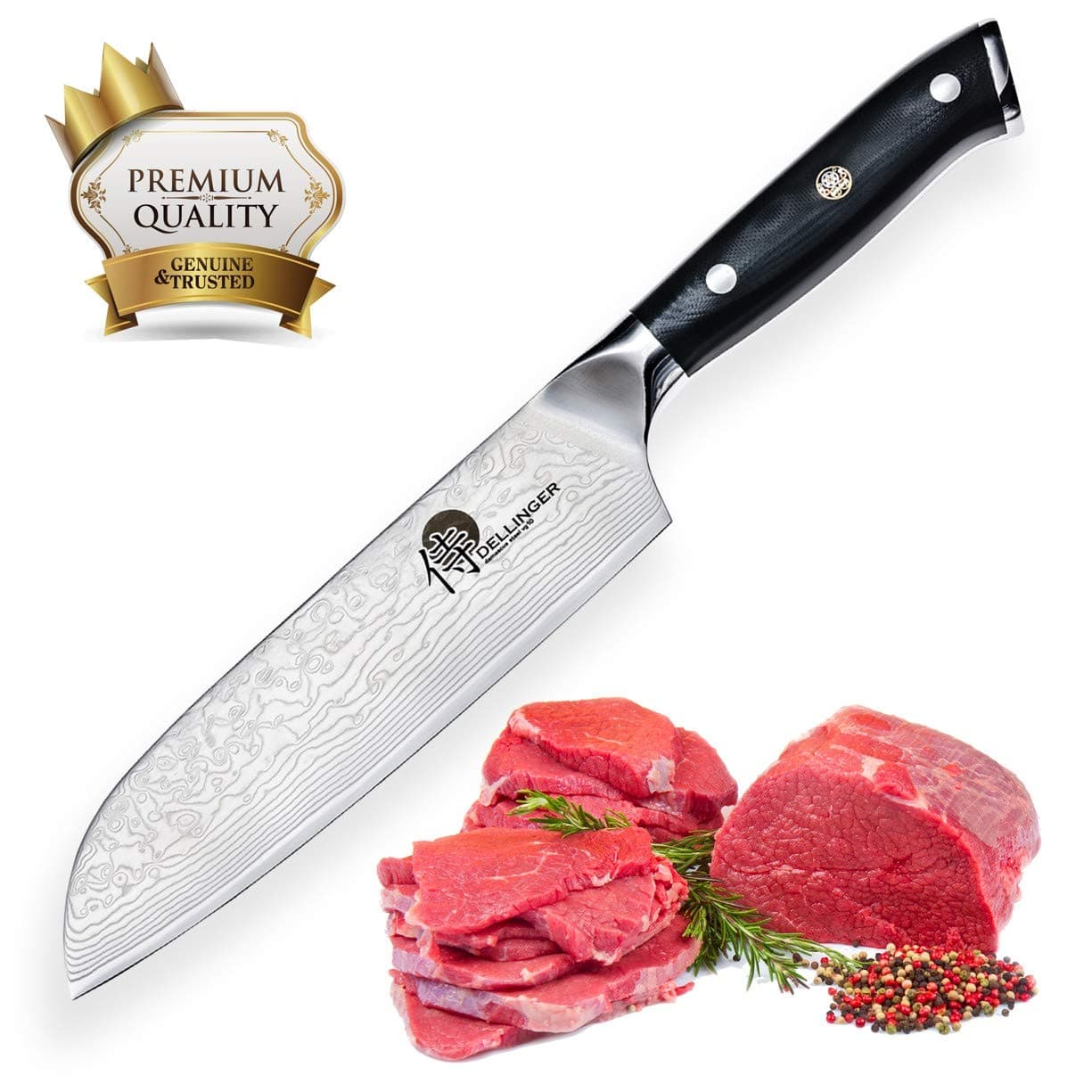 DELLINGER Damascus Santoku Knife - 7 Inch (170 mm) Japanese Style Chef´s Knife 67 Layers VG-10 Damascus Steel with Gift Box