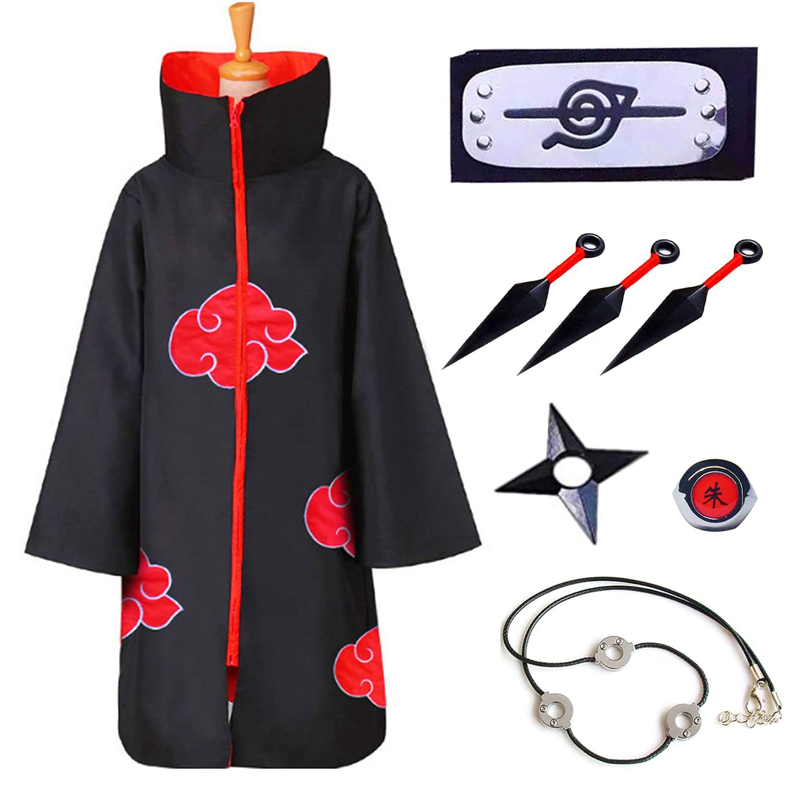 Formemory Uchiha Itachi Cloak Anime Cosplay Costume Uchiha Itachi Robe, Anime Cosplay Costume Itachi Cloak/Headband/Ring/Necklace/, Black Cloak Halloween Cosplay Costume for Adults kids