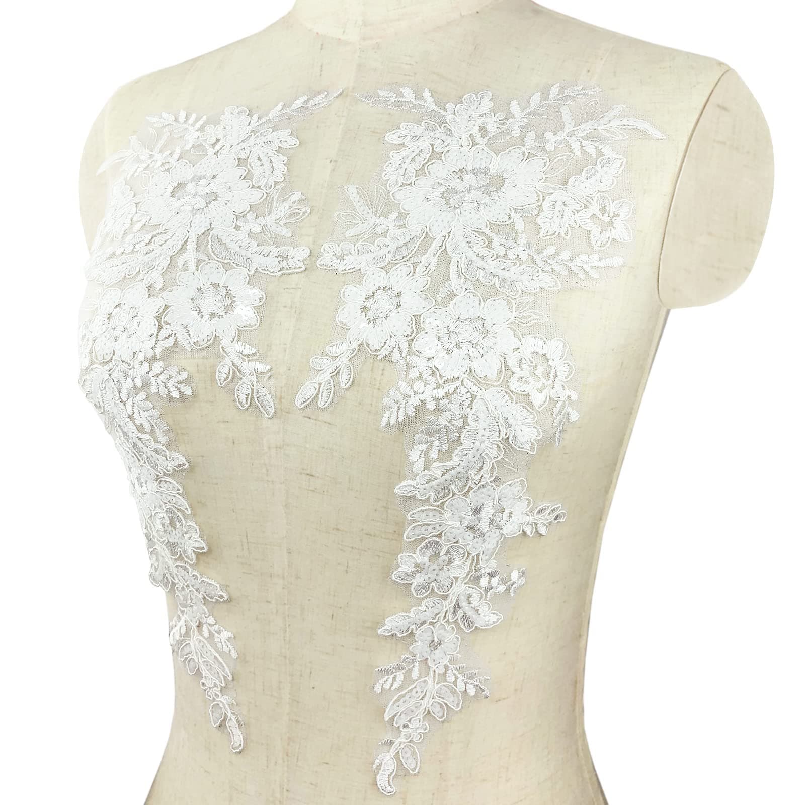 1 Pairs Sequins Flower Embroidery Lace Appliques Floral Embellishments Sew on Patches for Wedding Bridal Dress Party Gown Clothing Bodice Craft DIY (#1 White-Off Car Bone Style)