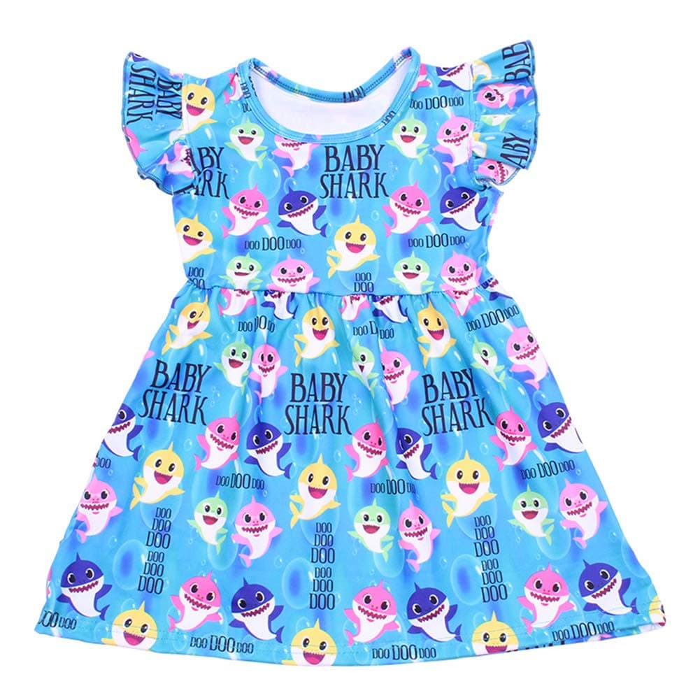 Girls Dress Colorful Baby Shark Print Sleeveless Blue Clothing Milksilk (6T)
