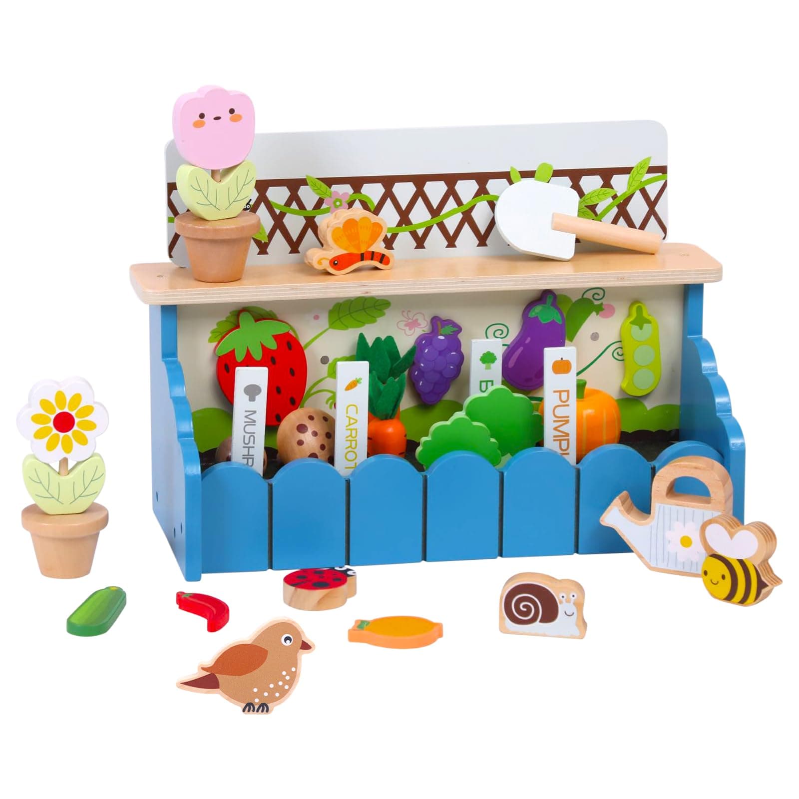 Wooden Flower Garden Toy Playset for Toddlers, Pretend Play Vegetable Garden Complete Playset for Kids, Montessori Preschool Learning Toy, Christmas Birthday Gift for Boys and Girls Ages 2-4