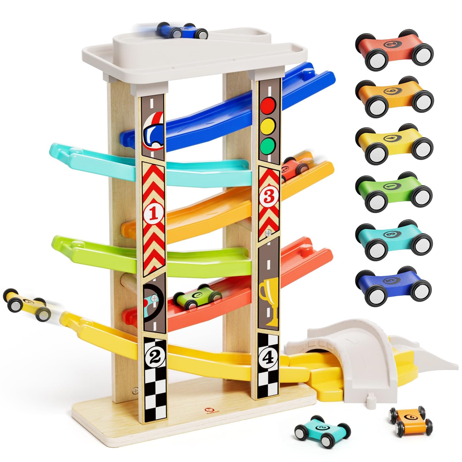 TOP Bright Wooden Race Track Car Ramp Toys for Toddlers 1-3 Years Old with 6 Mini Cars, 1 Car Garage & Extra Bridges, Toddler Montessori Toys for 1 Year Old Boys Girls Birthday