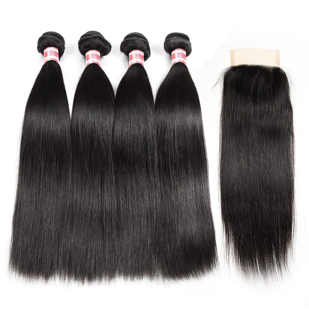 Hermosa Brazilian Straight Hair 4 Bundles with Closure 9A Unprocessed Virgin Brazilian Hair Straight Human Hair Bundles with Closure Natural Black (10 12 14 16 with 8 closure)