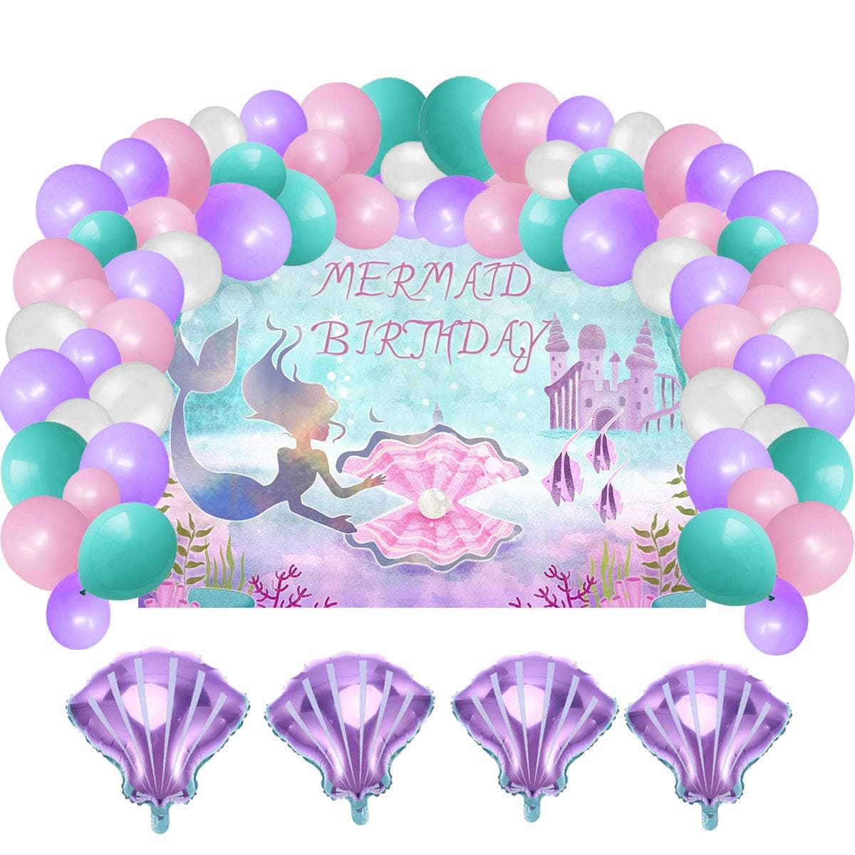 Amzparty Mermaid Birthday Party Supplies Decorations, Backdrop with 80pcs Balloons Kit, Photo Background for Kids Under The Sea Party, Gift For Girls