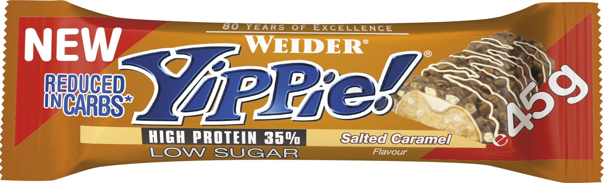 Weider Yippie! Protein Bar, Salted Caramel, Europe's Favorite Protein Bar, Great Taste, Perfect Snack, 12 Pack, 45g