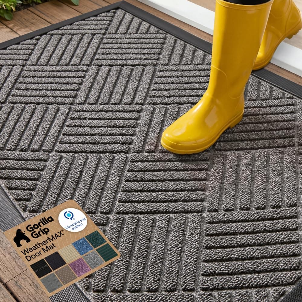 GORILLA GRIP 100% Waterproof All-Season WeatherMAX Doormat US Designed Natural Rubber, Stain Fade Resistant, Low Profile Indoor Outdoor Door Mats, Easy Clean, 29x17 Gray Diamond