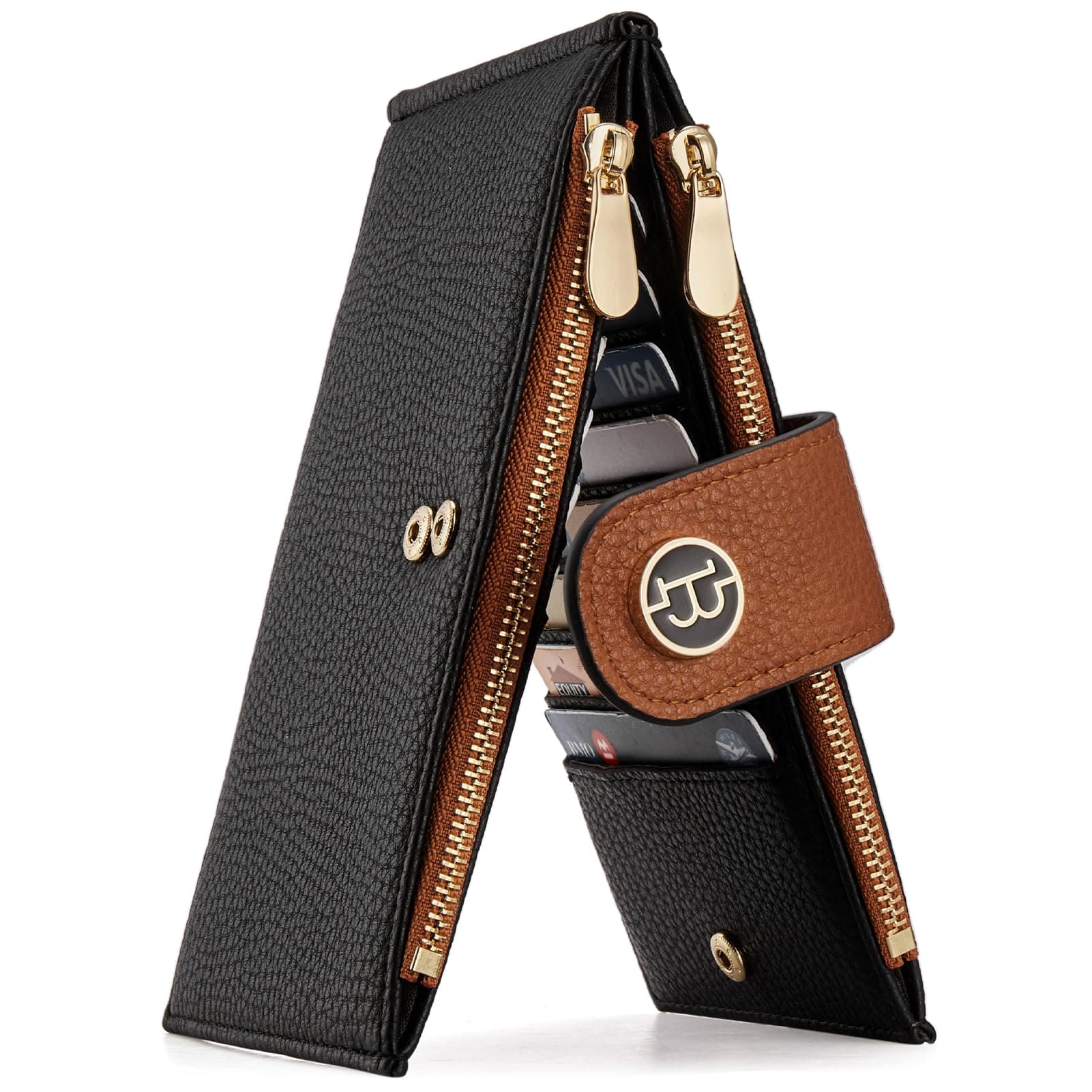 Leather Wallets for Women Large RFID Blocking Slim Bifold Purse Card Holder with Zipper Pocket Black&Brown