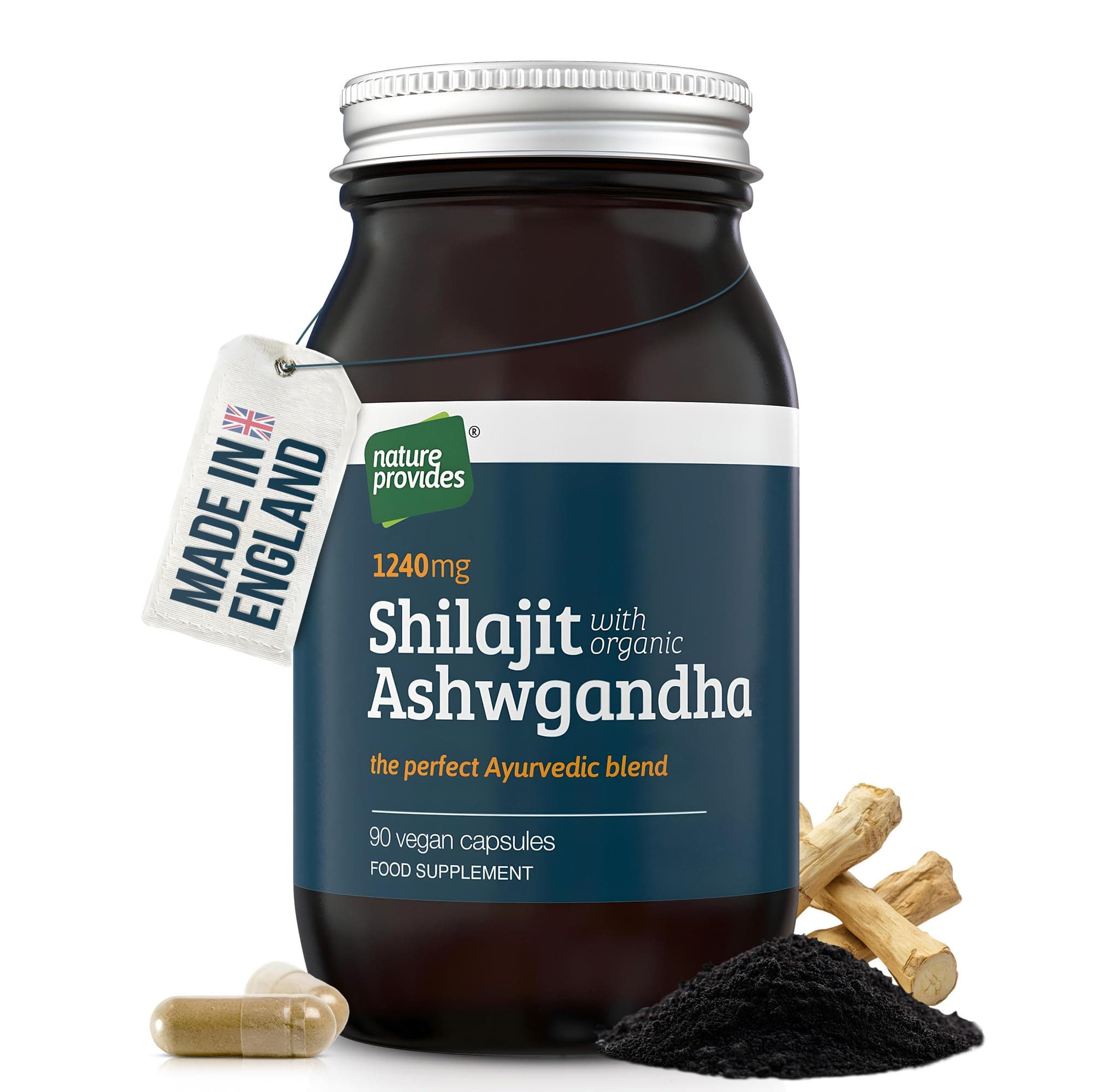 Ayurvedic Shilajit 1000mg & Organic Ashwagandha - 90 High Strength Caps, Fulvic Acid, Mineral Rich Supplement, Stress & Energy Support, Adaptogen, Vegan, GMO-Free, Made in UK by Nature Provides