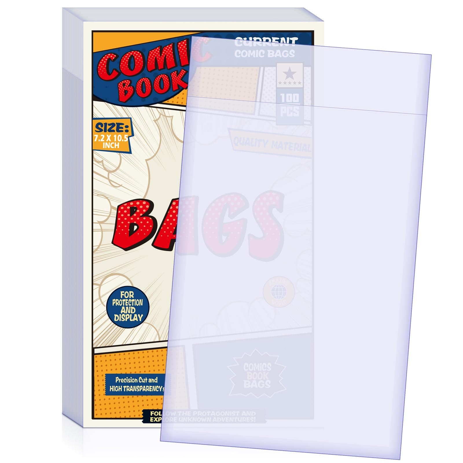 100 Count Comic Book Bags, Current Size Comic Bags 7.2 X 10.5 inch Transparent Acid-Free and Reusable Comic Book Sleeves for Regular Comics