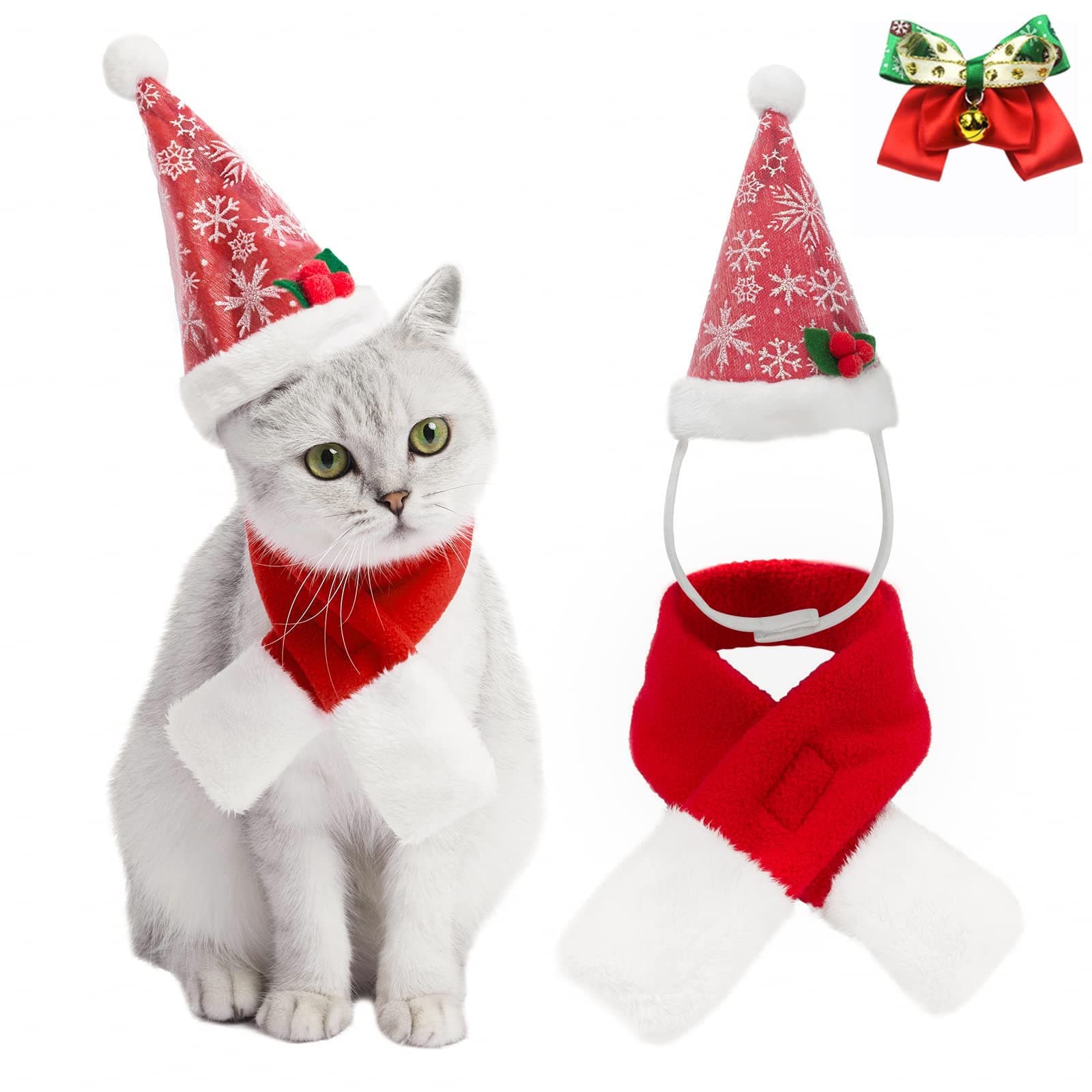 VALUCKEE Christmas Cat Costumes Santa Hats and Scarf, Adjustable Xmas Outfit Clothes with Bow Tie for Pet Small Dog, Winter Warm Snowflake Hat for Cat, Kitty Puppy Xmas Gift Present