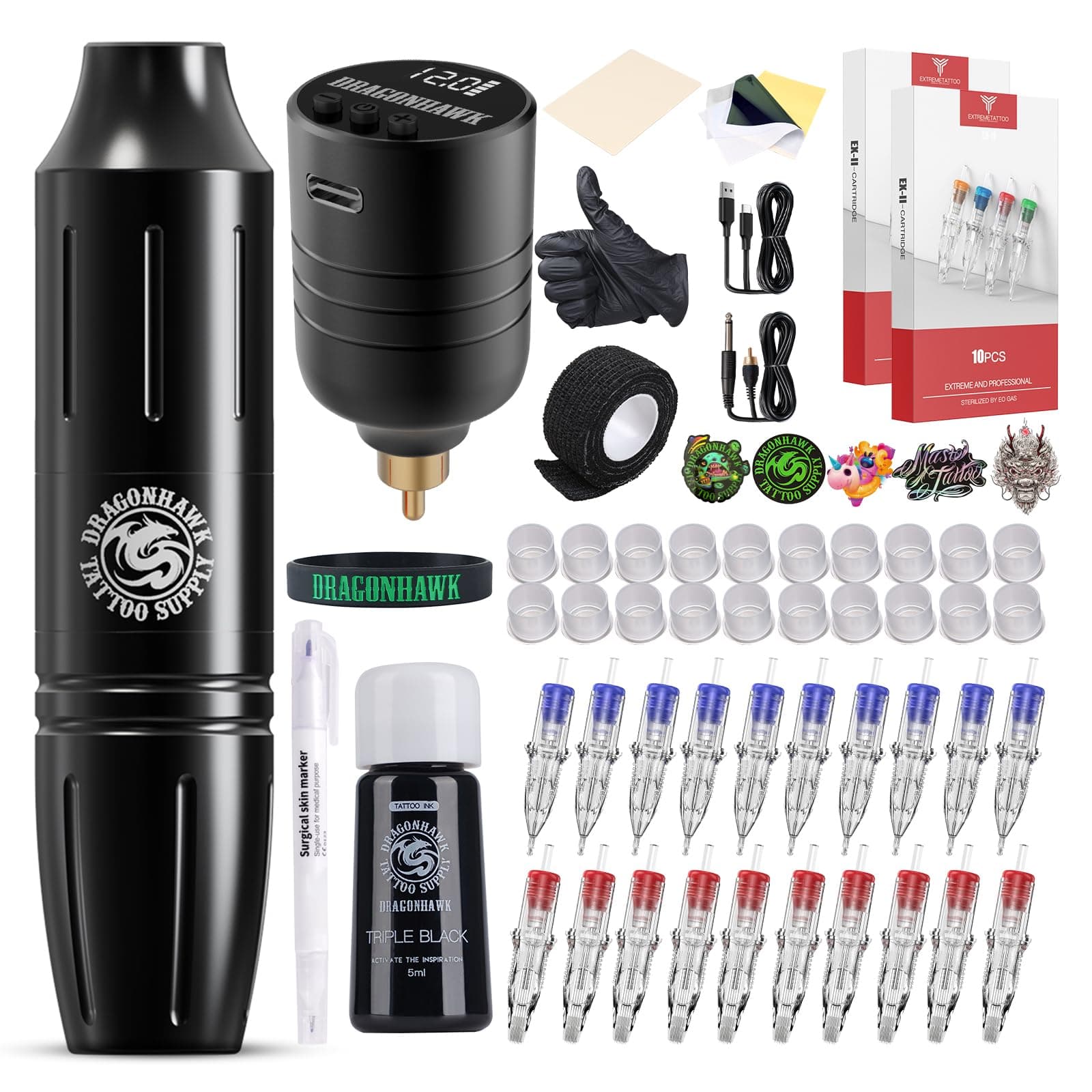 Wireless Tattoo Pen Kit - Rotary Tattoo Gun Machine with 1300mAh Battery, 20Pcs Cartridge Needles, Complete Tattoo Kit for Beginners