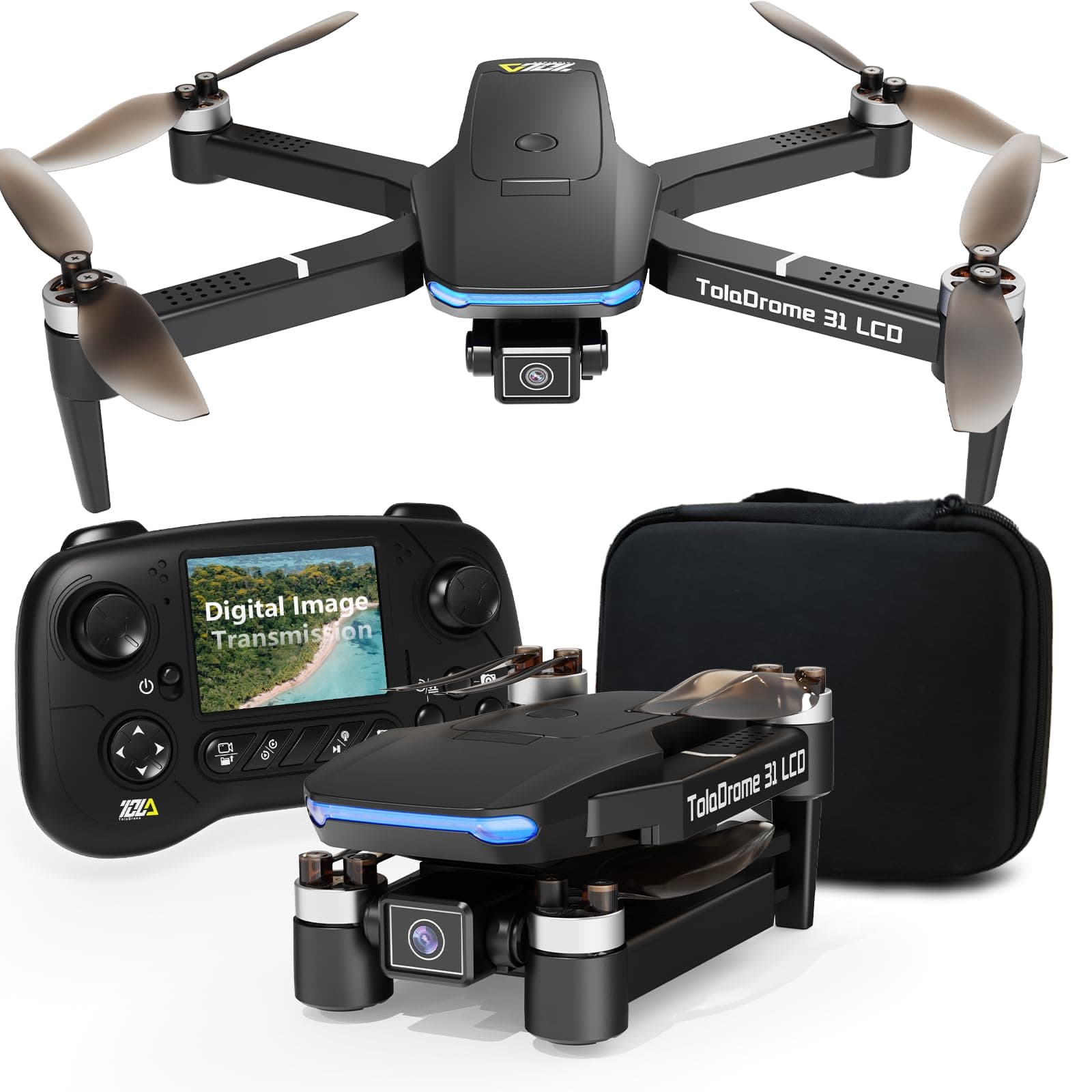 Toladrone TD31LCD Drone with Camera, Brushless Motor, LCD Screen Remote Control for Adults and Beginners