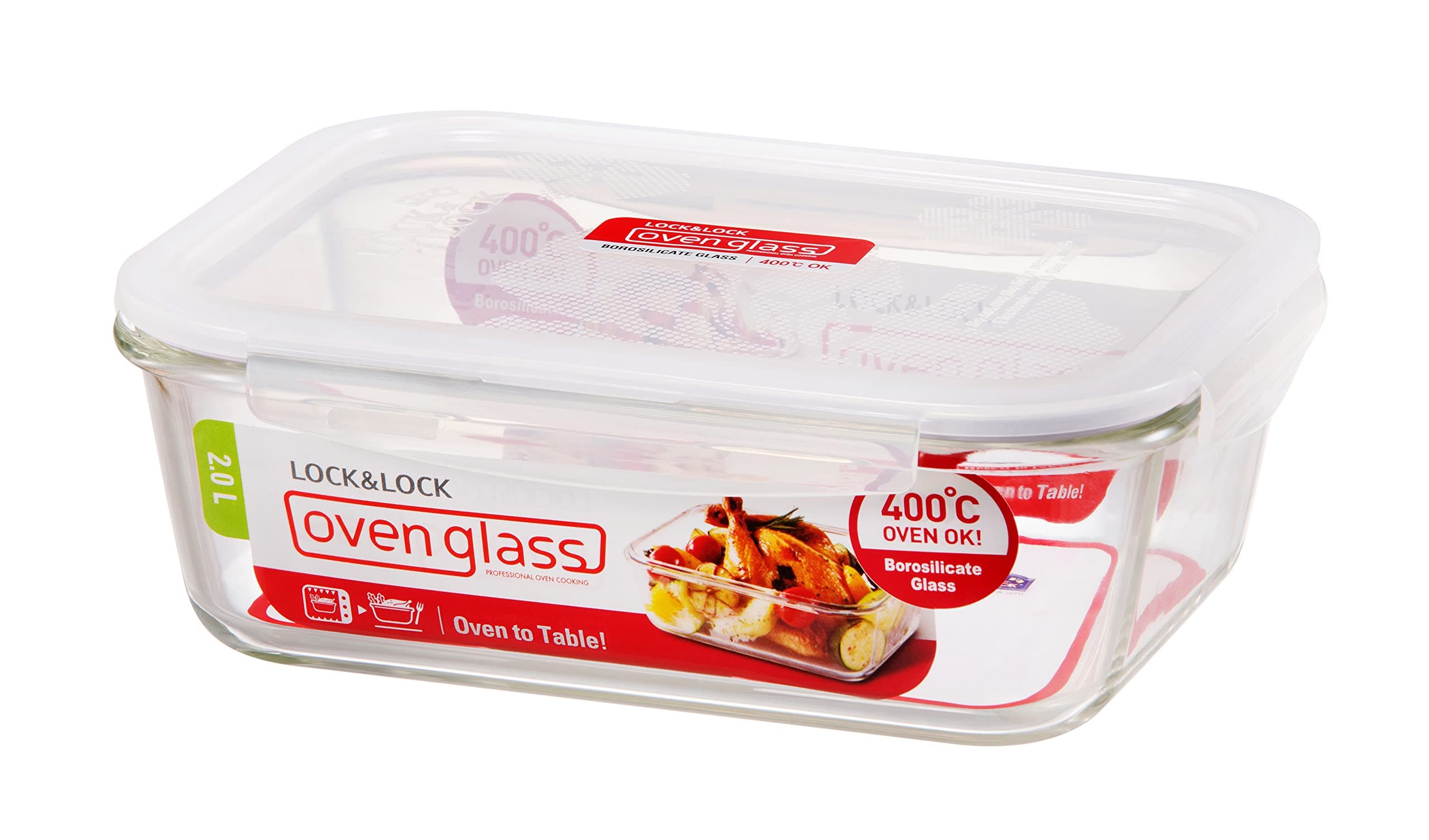 Lock & Lock LocknLock LLG455, Oven Safe, BPA Free, 100% Airtight, Food Storage Container with Lid, Clear, W 24.8 x H 17.6 L 10.8 cm, 8.45-cup, Rectangular, Borosilicate Glass