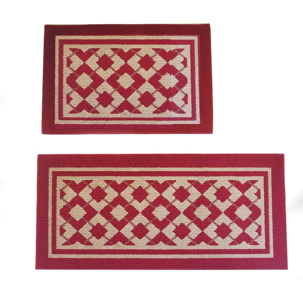 Home and Kitchen Rugs Modern Rug Non-Slip Kitchen Mat Rubber Backing Doormat Runner Rug Set, Diamond Pattern Design (Red 19.7"x29.9"+19.7"x43.3")