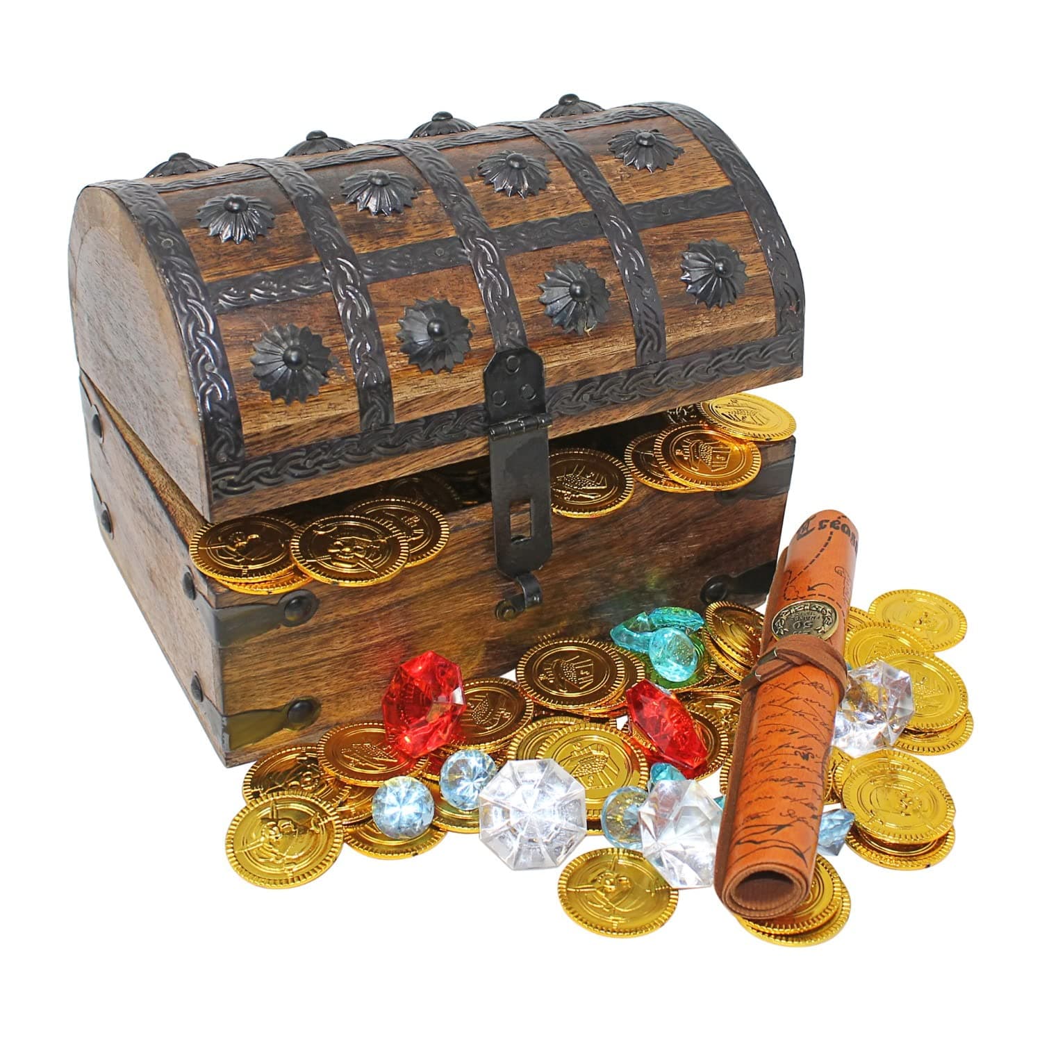 Nautical Cove Wooden Pirates Treasure Chest Box Pirate Treasure Map and Gold Coins/Gems