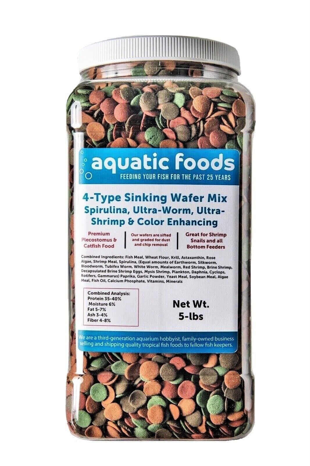 Aquatic Foods Inc. 4-Type 12mm - 1/2" Sinking Wafer Mix of Spirulina-Algae, Ultra-Worm, Ultra-Shrimp, Color Enhancing Wafers for Shrimp, Snails, Crabs, Crayfish, All Tropical Fish..5-lb Lg Jar