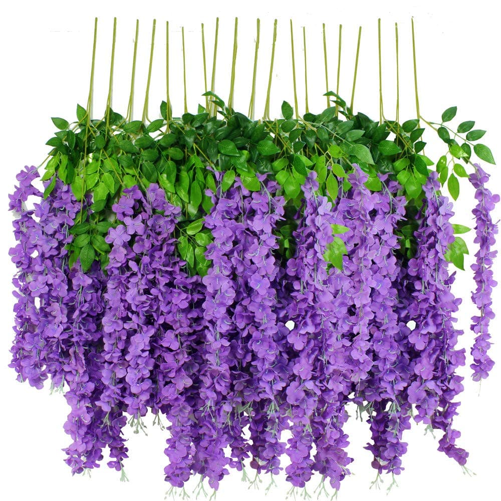 HanYun 12pcs Artificial Wisteria Flowers 3.6 Feet/Piece Purple Dense Artificial Fake Wisteria Vine Ratta Hanging Garland Silk Flowers String Home Party Wedding Decor(Purple-Dense)…