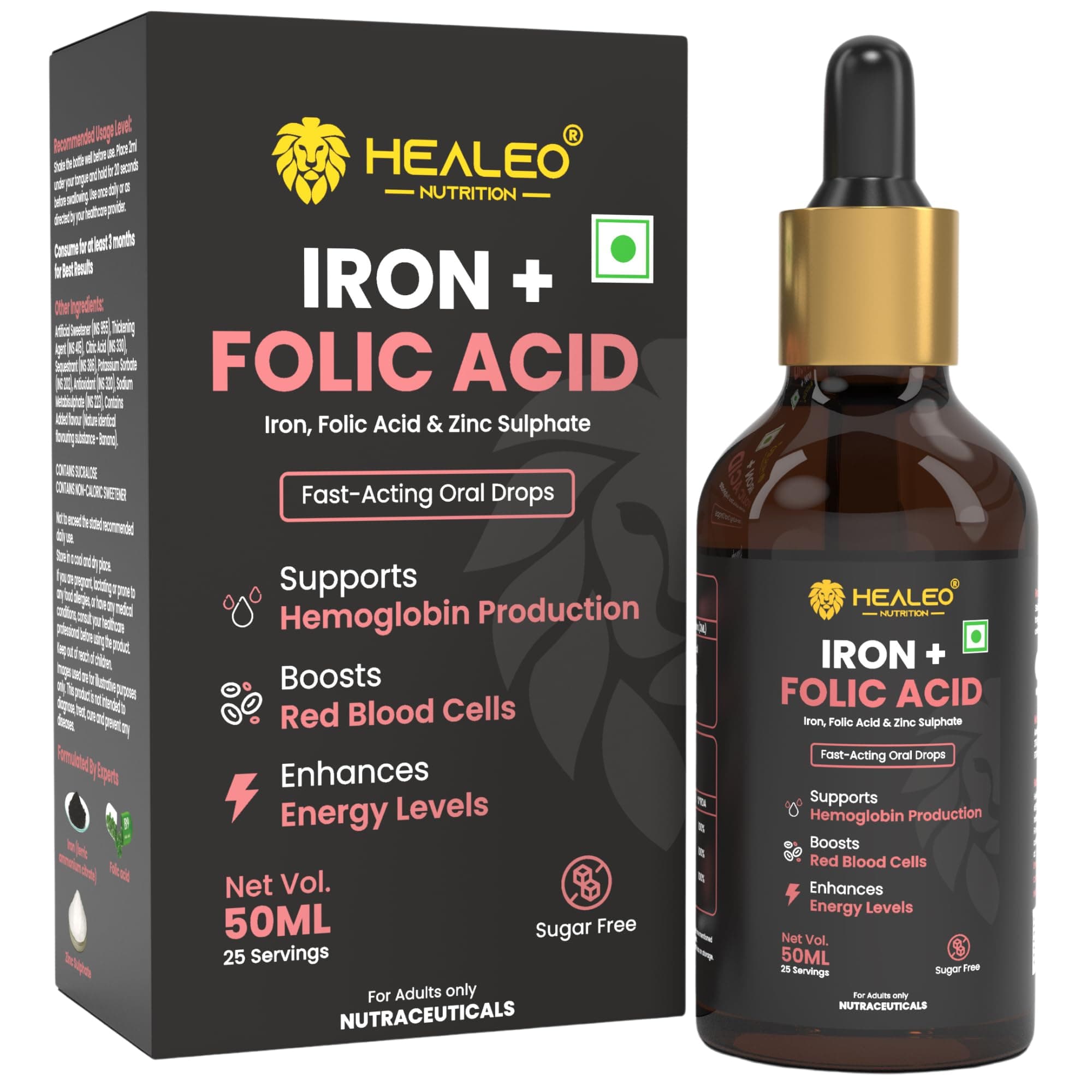 Iron + Folic Acid Drops | Fast Acting Liquid Iron Supplement for Women & Men with Zinc | Hemoglobin Booster & Blood Builder | Non-Constipating - 50ml