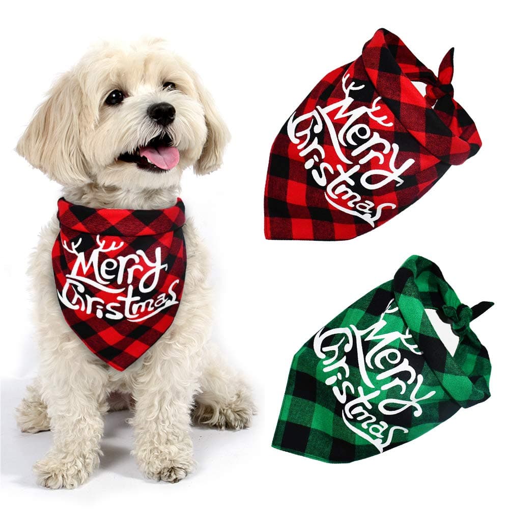 Yoochee 2 Pack Dog Christmas Bandana, Classical Buffalo Plaid Pet Bandana, Reversible Scarf Triangle Bibs Kerchief Set