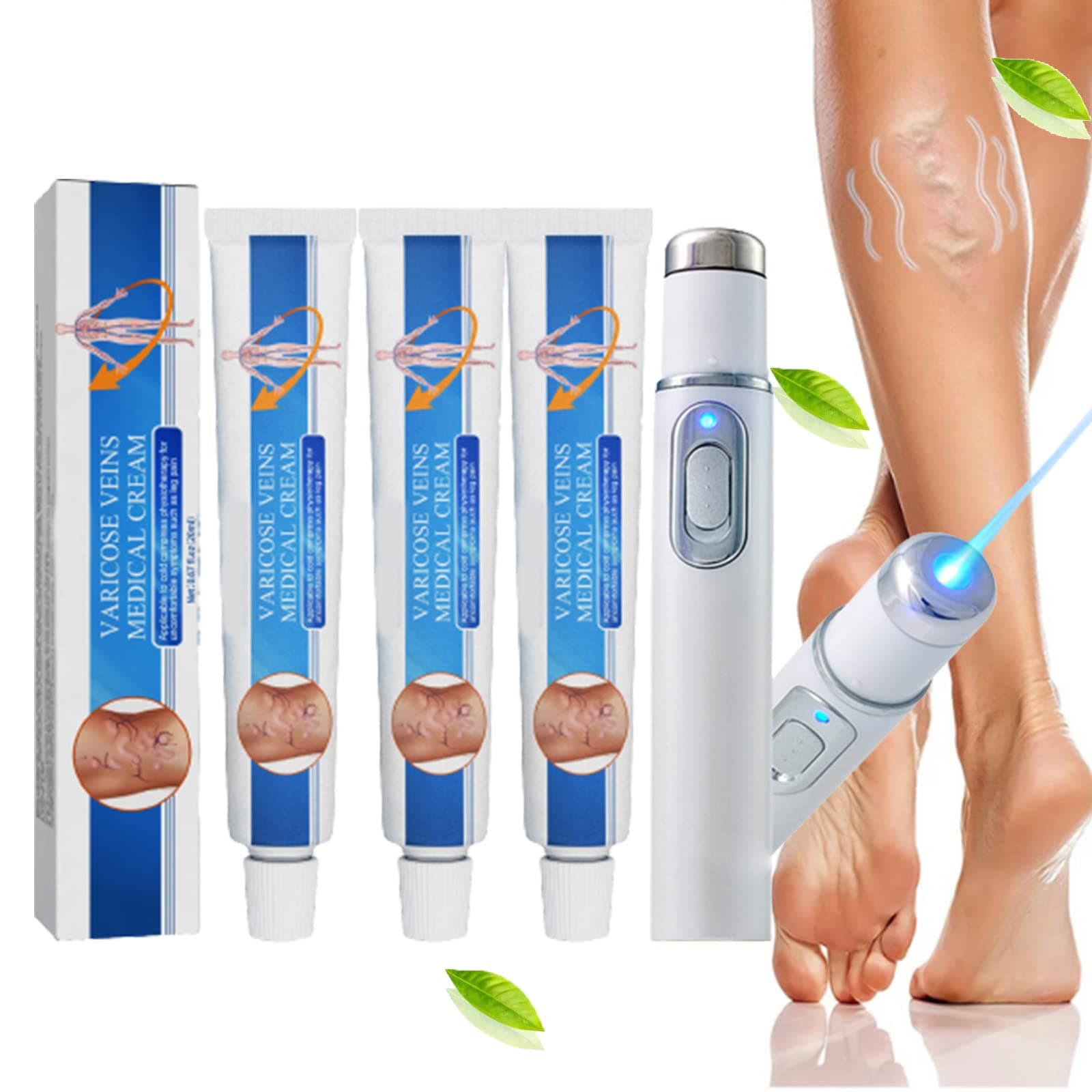 Varicose Veins Treatment for Legs, Venoheal Varicose Vein Treatment Cream, Spider Vein Treatment for Legs, Vericose Veins Treatment Blue Light Lazer Treatment Pen (3cream+1pen)