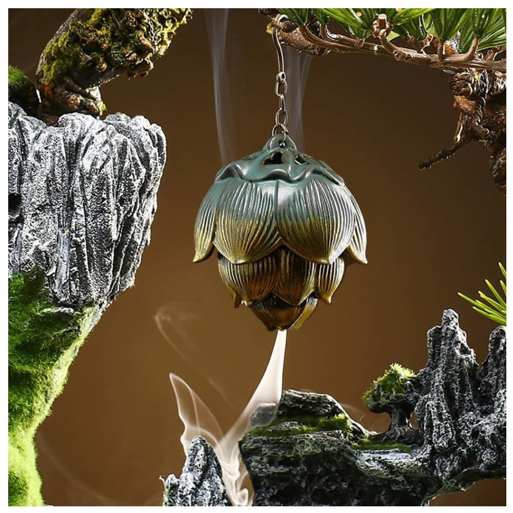 Lotus Furnace Hollow Hanging Ball Incense Burner, Ceramic Backflow Incense Cones and Incense Coil Holder for Home Office Ornament Decoration