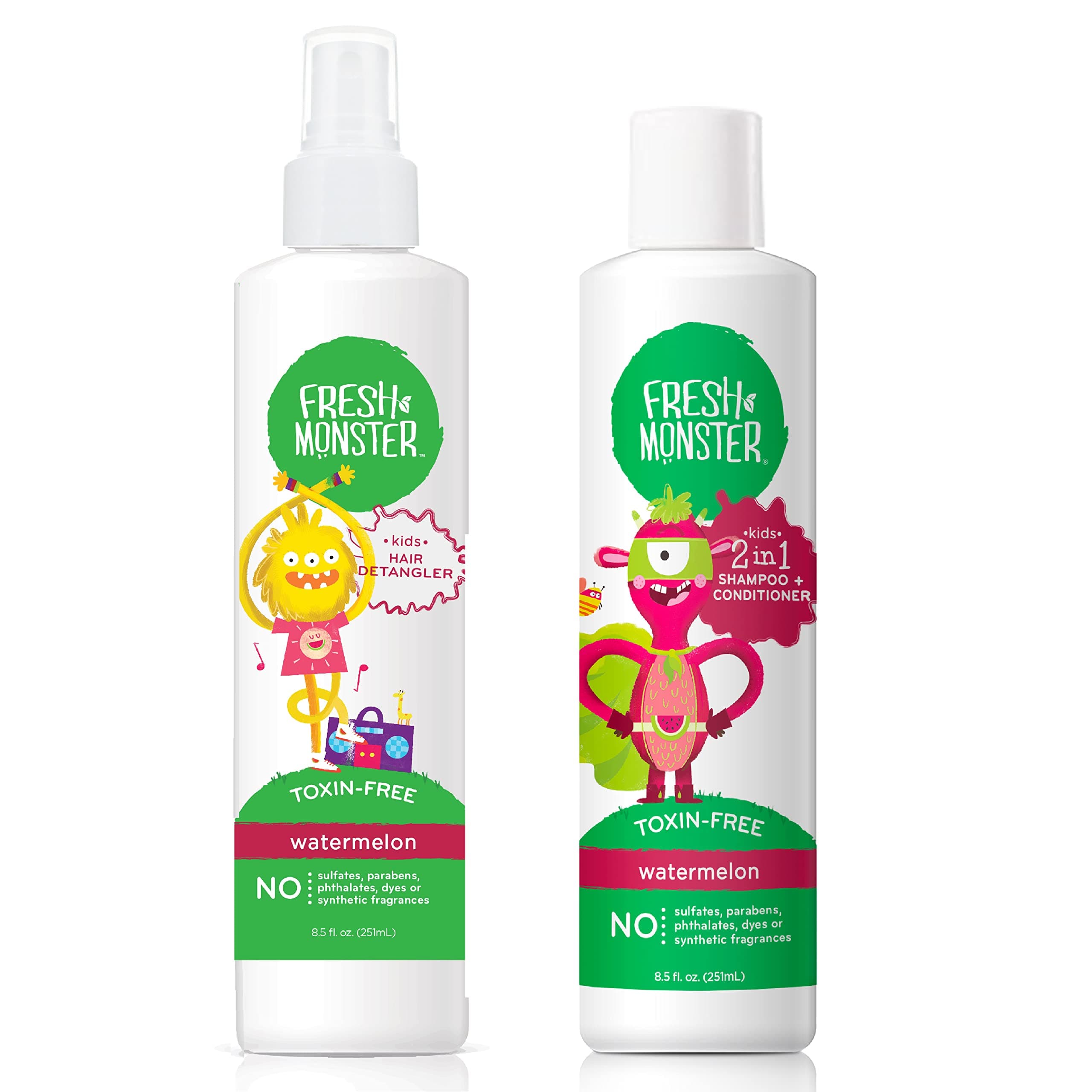 Kids Hair Detangler Spray & 2-in-1 Shampoo & Conditioner Combo, Toxin-Free, Hypoallergenic & Natural, Watermelon (8.5 oz Detangler & 8.5 oz 2-in-1 Shampoo & Conditioner)