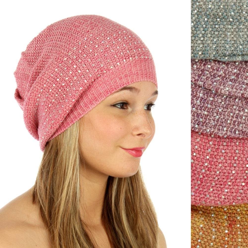 Lightweight Slouchy Pastel Rhinestone Beanie Hat for Women and Teens (Purple)