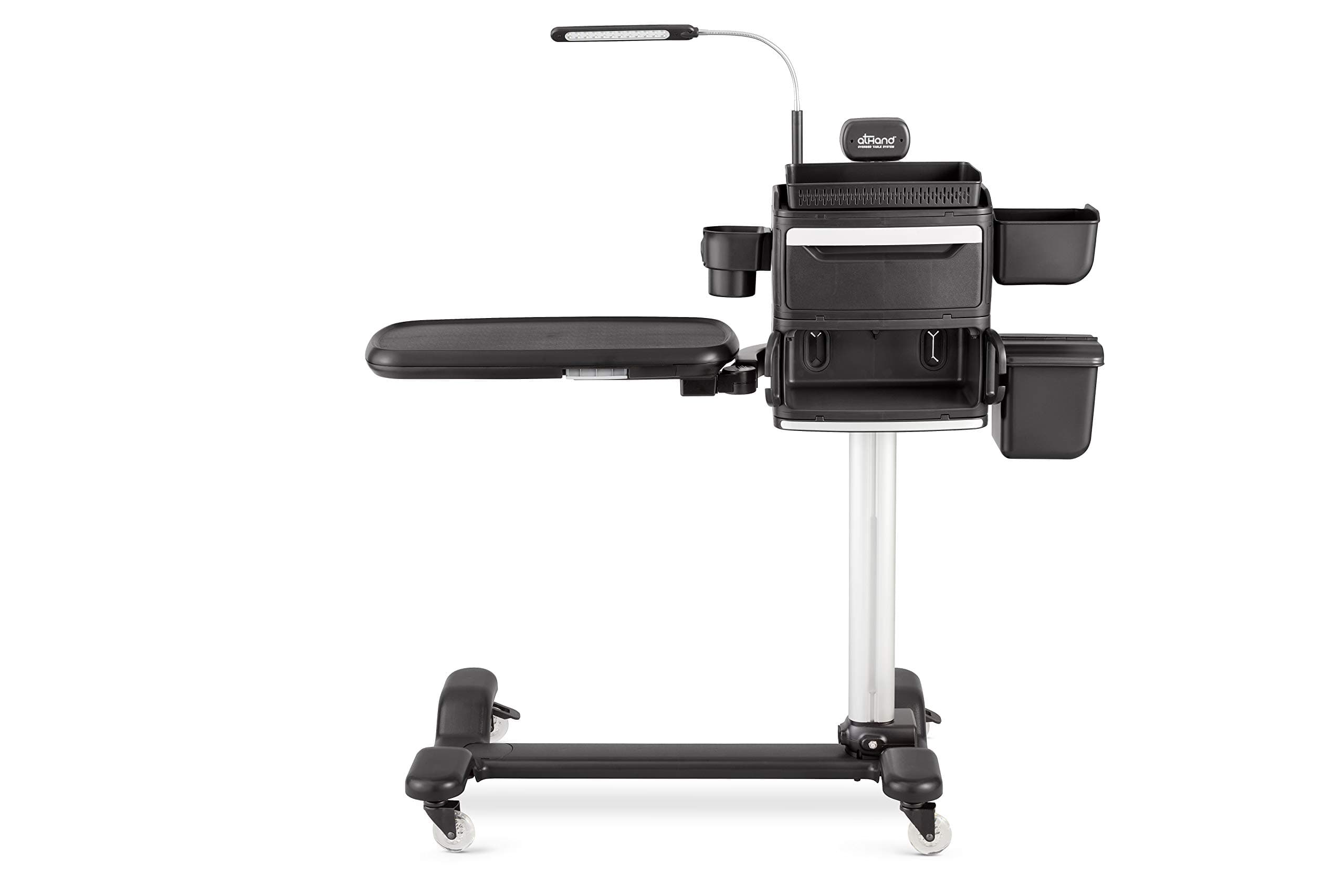 atHand Overbed Table System Bundle - The ONLY Tray Table With Storage Drawers, Charging Ports, Extra Power Outlets & Reading Lights. Table For Bed Or Chair Side. Incl Accessory Kit (Black, Right Side)