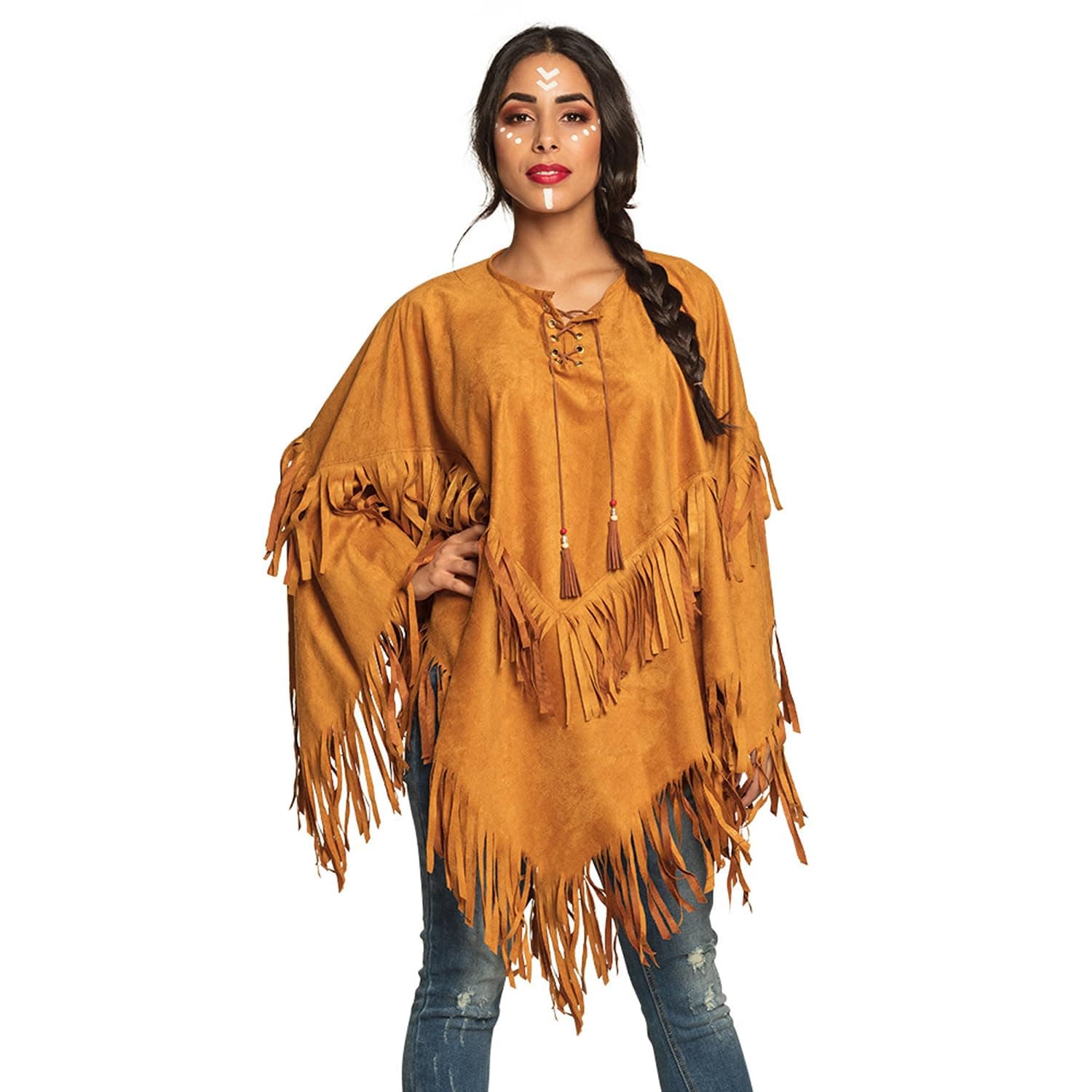 44095 – Indian Poncho, Brown, One Adults, Cape in Leather Look with Fringes and Beads, Chief, Cowboy, Squaw, Carnival, Halloween, Theme Party, Standard Size