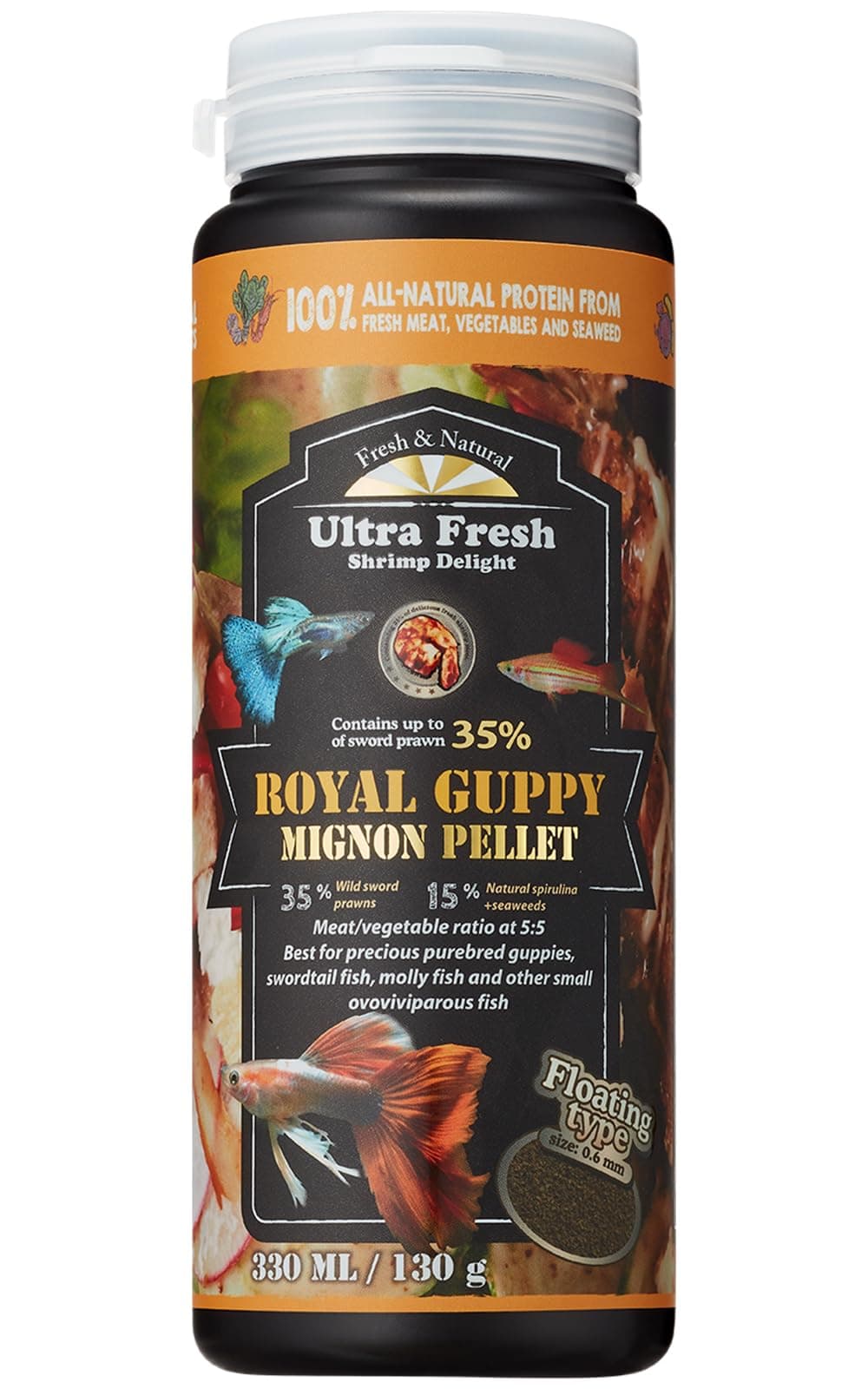 Ultra Fresh - Royal Guppy Mignon Pellet, 100% Natural Guppy Food, 35% Sword Prawns, 15% Natural Spirulina + Seaweeds, Highly Nutritious, for Cleaner Water and More Vibrant Color, Fish Food (4.6 Ounce)