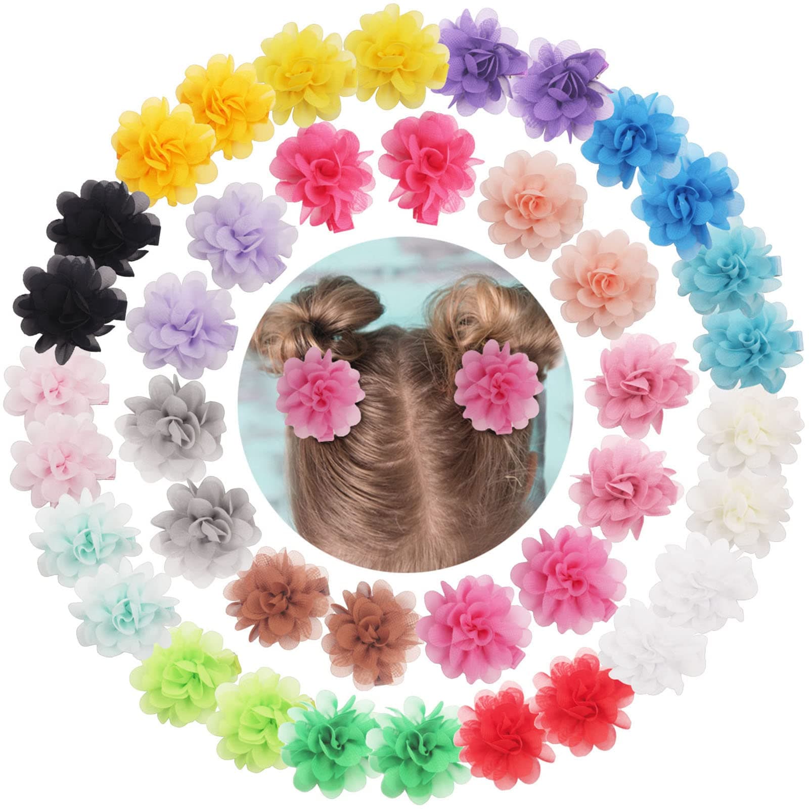 DeD 40PCS 2" Chiffon Flower Hair Bows Fully Lined Flower Tiny Hair Clips Fine Hair for Girls Infants Toddlers Set of 20 Pairs